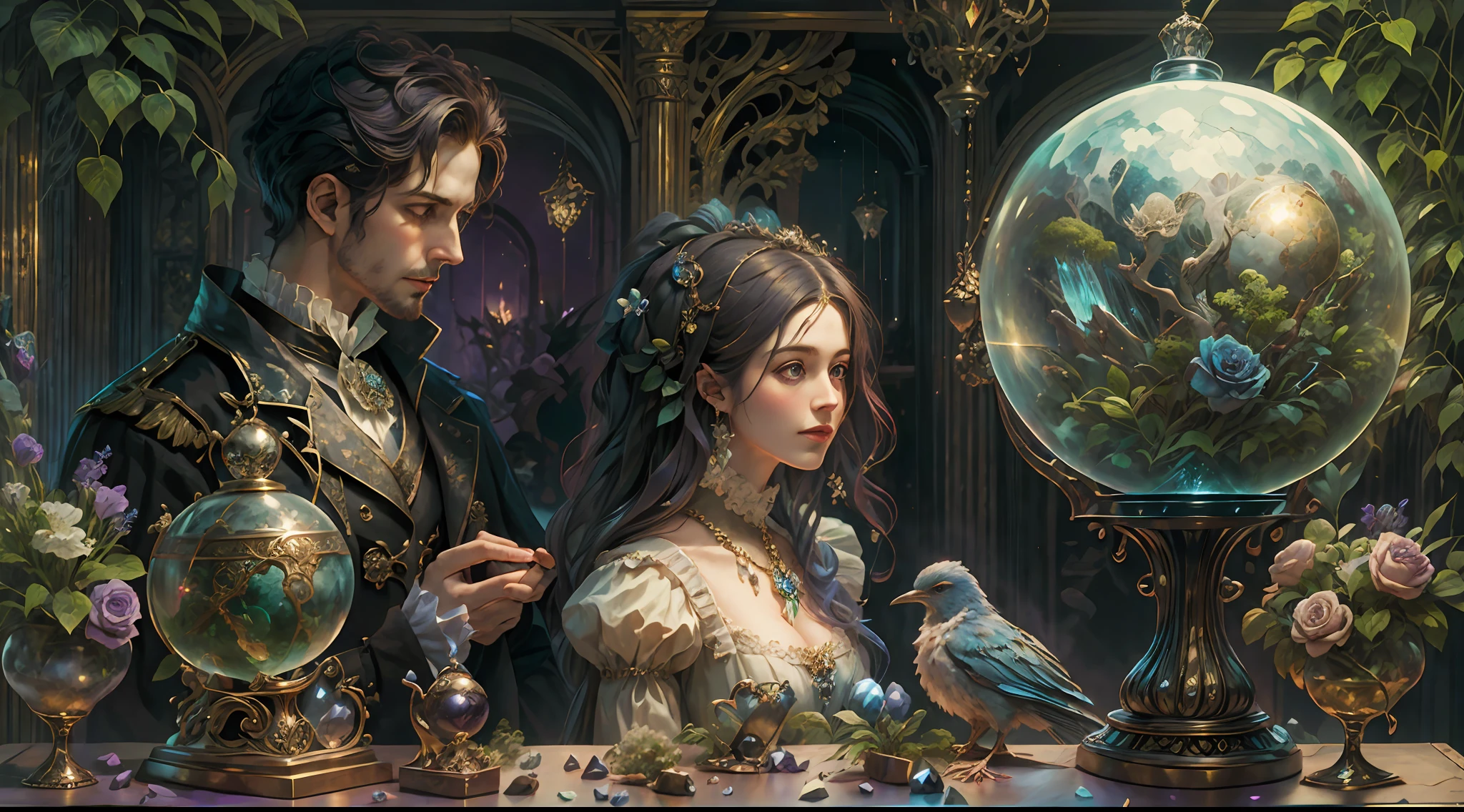 a young, A handsome and beautiful aristocratic couple ran a magic shop during the steam magic era，head looking up，florals，The bird，A plant，crystal sphere，magic item，victorian aristocrat，purple flower，ultra-realistic realism