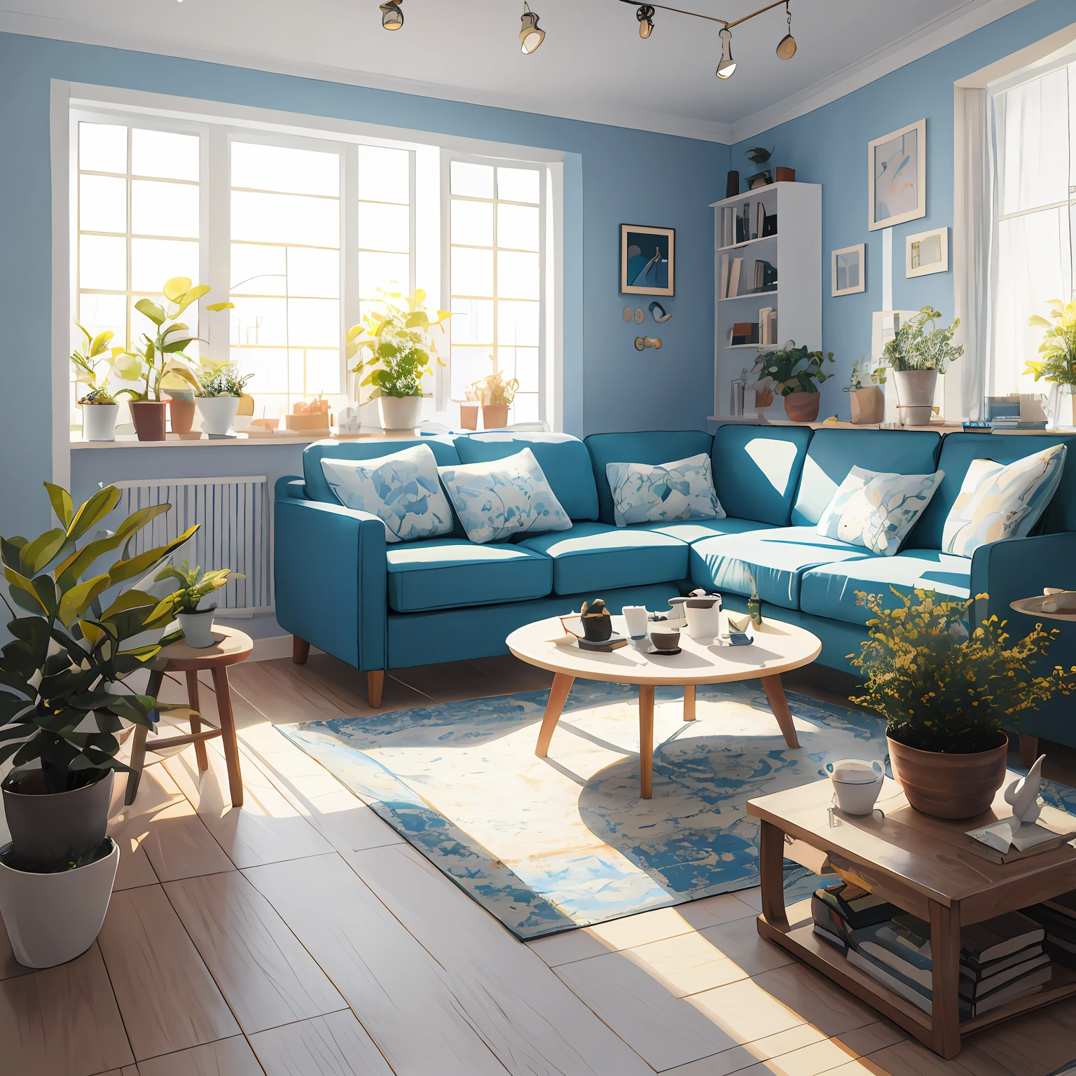 Masterpiece, Best quality, High quality, Extremely detailed Cg Unity 8K wallpaper, Bedroom, Indoors, day, potted,A plant,white plant, potted,landscape, Bokeh, hdr, full bloom, color difference ,Photorealistic,Extremely detailed, trending on artstationh, trending on CGSociety, High detail, art by midjourney,Science and Technology,Confori,Pisif,Room full of hobbies,All you need is a sofa,A cat,Tea table,Cartoon,Warm light,Blue
