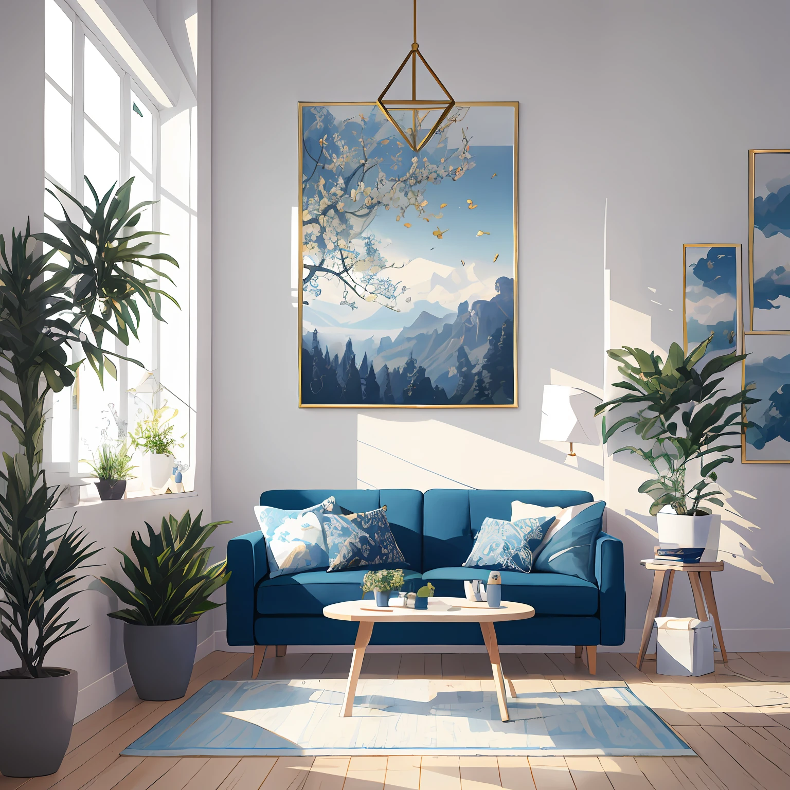 Masterpiece, Best quality, High quality, Extremely detailed Cg Unity 8K wallpaper, Bedroom, Indoors, day, potted，A plant，white plant， potted，landscape, Bokeh, hdr, full bloom, color difference ,Photorealistic,Extremely detailed, trending on artstationh, trending on CGSociety, High detail, art by midjourney,Science and Technology,Confori,Pisif,Room full of hobbies,All you need is a couch，tea table,Cartoon,Warm light,Blue