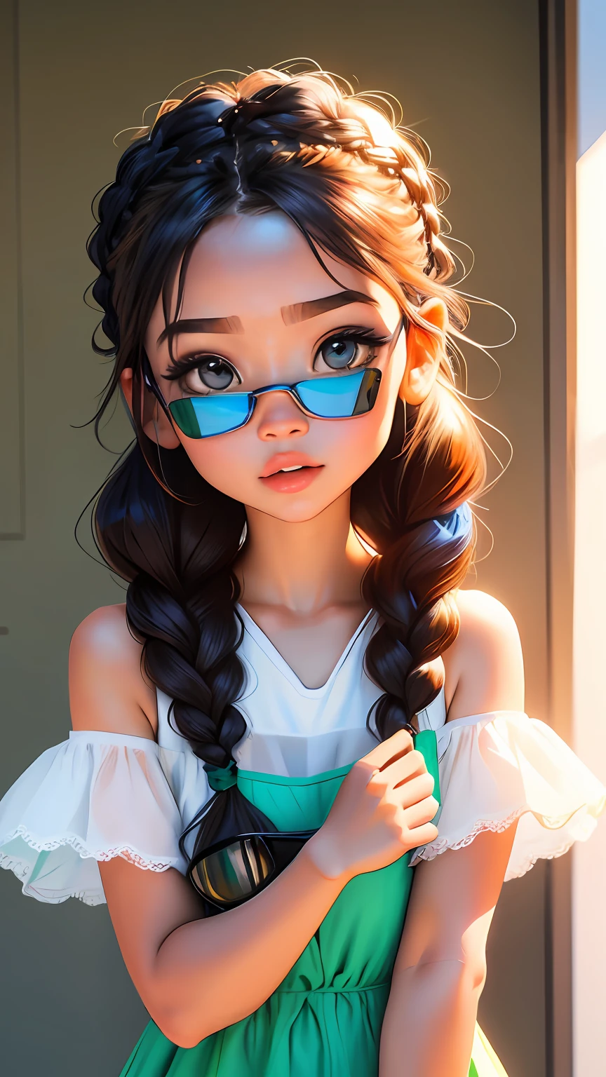 Loli menina, bonita e fofa, wearing goggles, vestido branco com detalhes, babyface, estilo chibi, cabelo vermelho e azul de duas cores, braided hair ponytail, olhos de detalhe perfeito, rosto delicado, CG perfeito, qualidade de imagem HD,