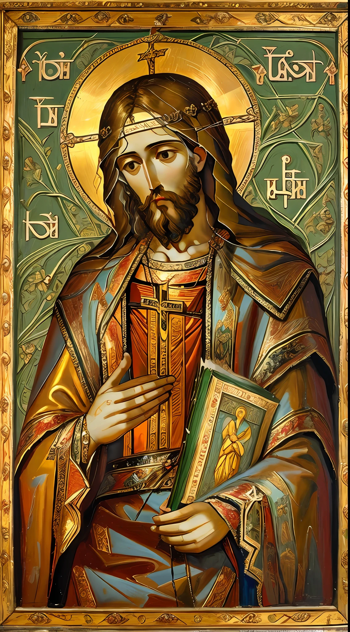 a painting of jesus holding a bible and a cross, byzantine painting,orthodox icon neo-gothic, orthodox christianity, holy iconography,highly detailed,