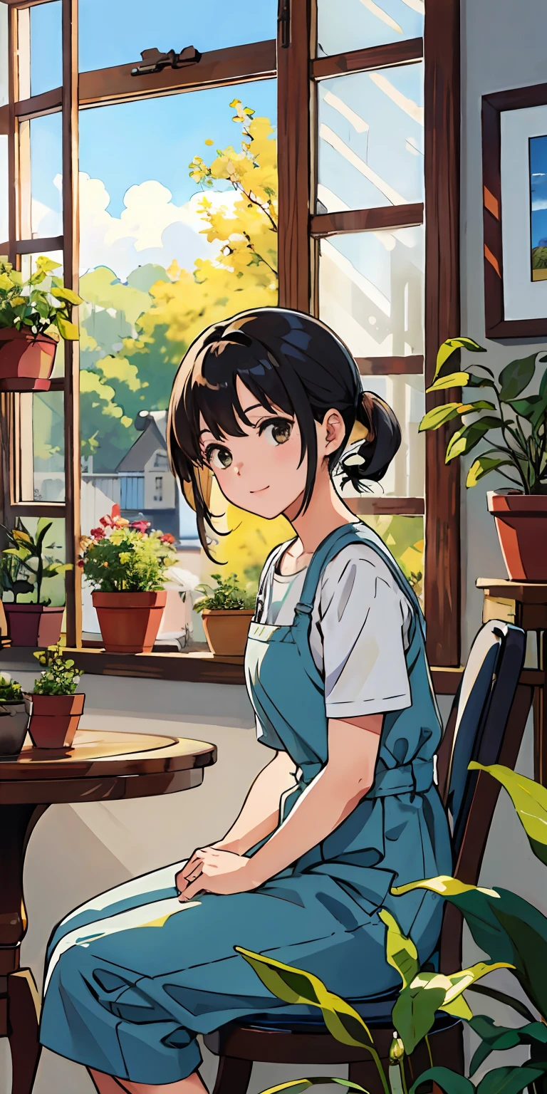 (Best Quality, Masterpiece),Sunny,By the window,Cute girl,Plants in pots,Sunlight
