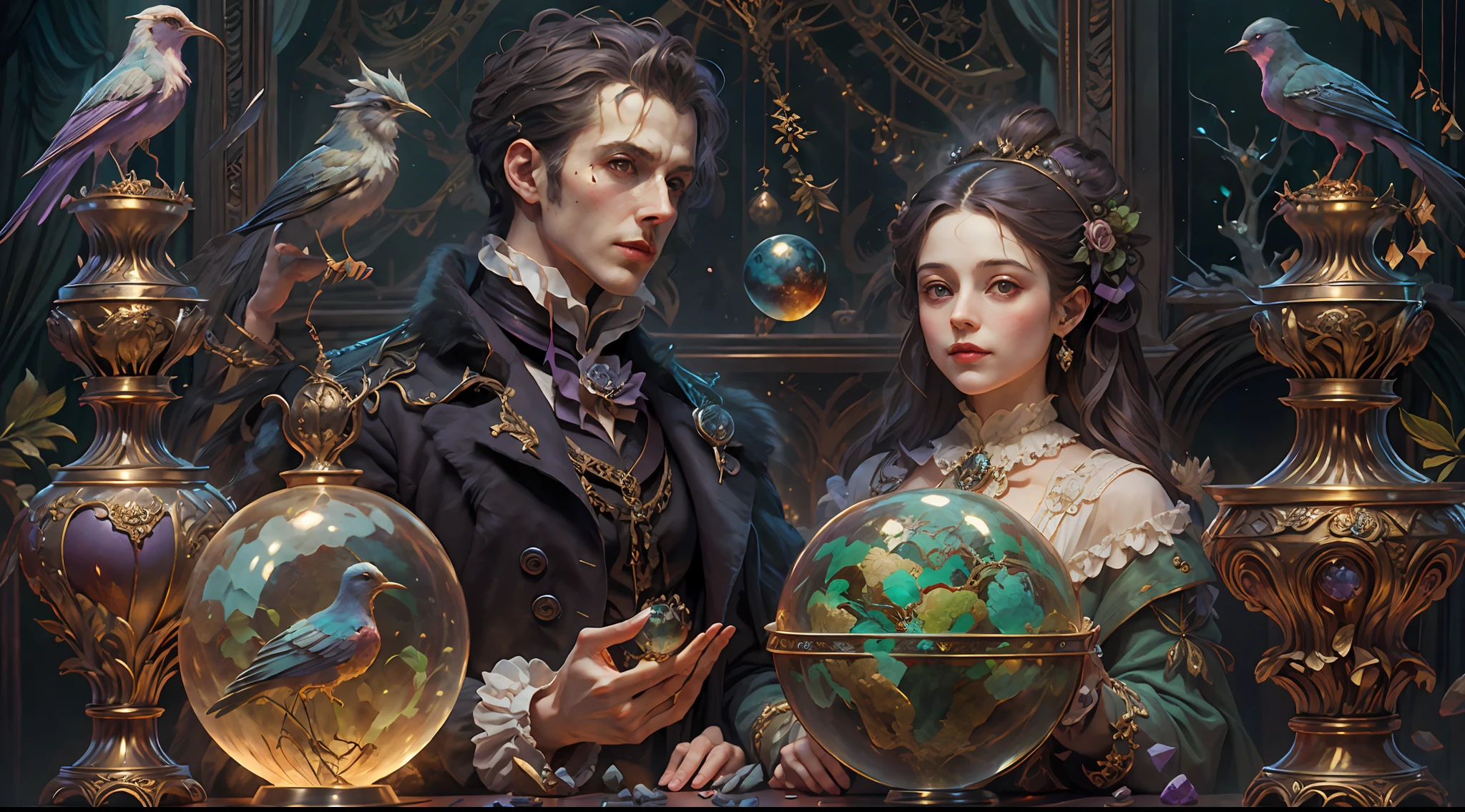 a young, A handsome and beautiful aristocratic couple runs a magic shop in the Age of Steam Magic,head looking up,florals,The bird,A plant,crystal sphere,magic item,victorian aristocrat,purple flower,ultra-realistic realism