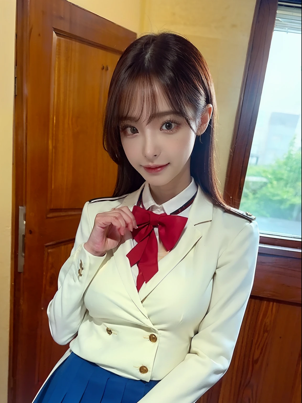 Masterpiece，((Best picture quality, 8K, tmasterpiece:1.3))1girll，Raised sexy，high school school uniforms，Expose half of the breast（Large breasts：1.5），White and tender skin，Eyes look forward，（Hands touching the ）