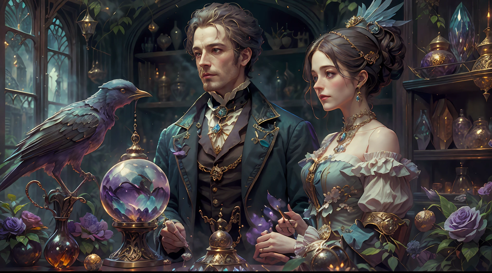 a young, A handsome and beautiful aristocratic couple runs a magic shop in the Age of Steam Magic,head looking up,florals,The bird,A plant,crystal sphere,magic item,victorian aristocrat,purple flower,ultra-realistic realism