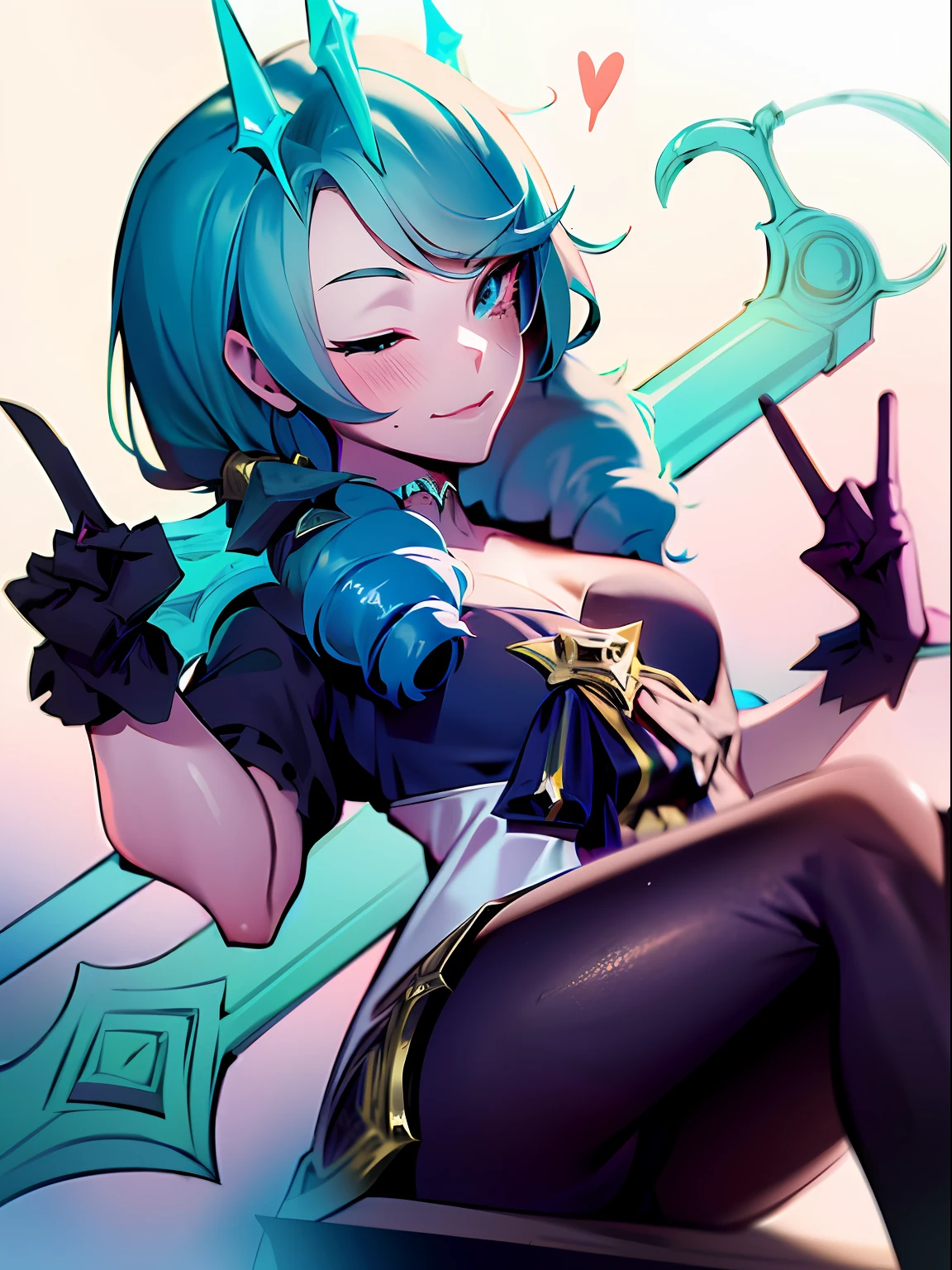 League of Legends Gwen, Viego's crown, Green Viego crown, Viego crown, Ruination crown, Possessed by Viego, Green crown, SFW, winking, one eye closed, Gwen's dress, Gwen's outfit, Gwen's hair, Gwen's gloves, Gwen's leggings, Blue hair, mouth closed, closed mouth smile, looking at viewer, 8k, masterpiece, ultrasharp, blush, red blush, peace sign, peace sign over closed eye, V sign, V sign over eye, victory sign, victory sign over eye, peace sign over right eye, sitting down, legs crossed, crossed legs, right leg over left leg, normal hands, 5 fingers