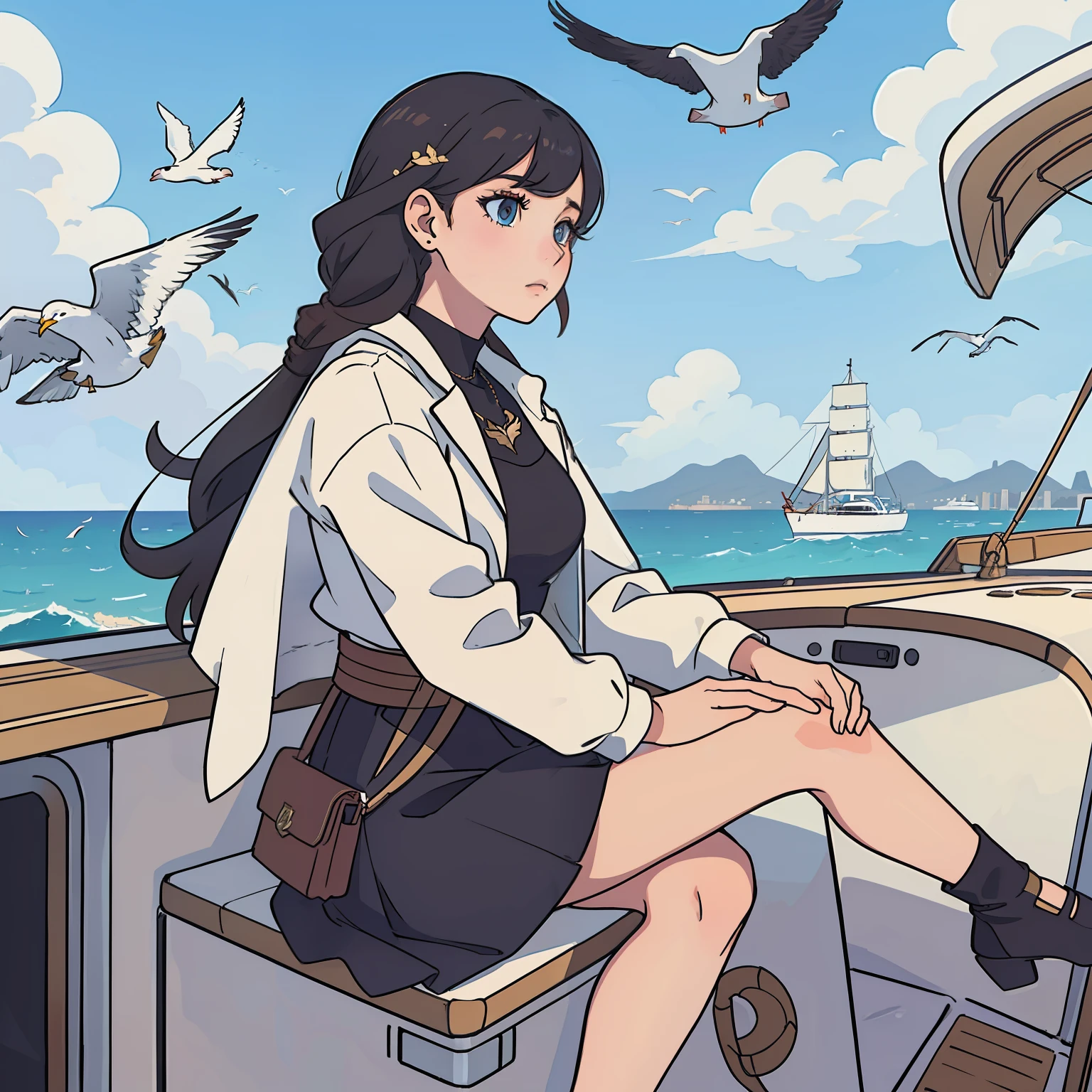 Rich girl with expensive clothing sitting on a yacht, looking to the horizon, character, seagulls in background, looking thoughtful, masterpiece, high quality