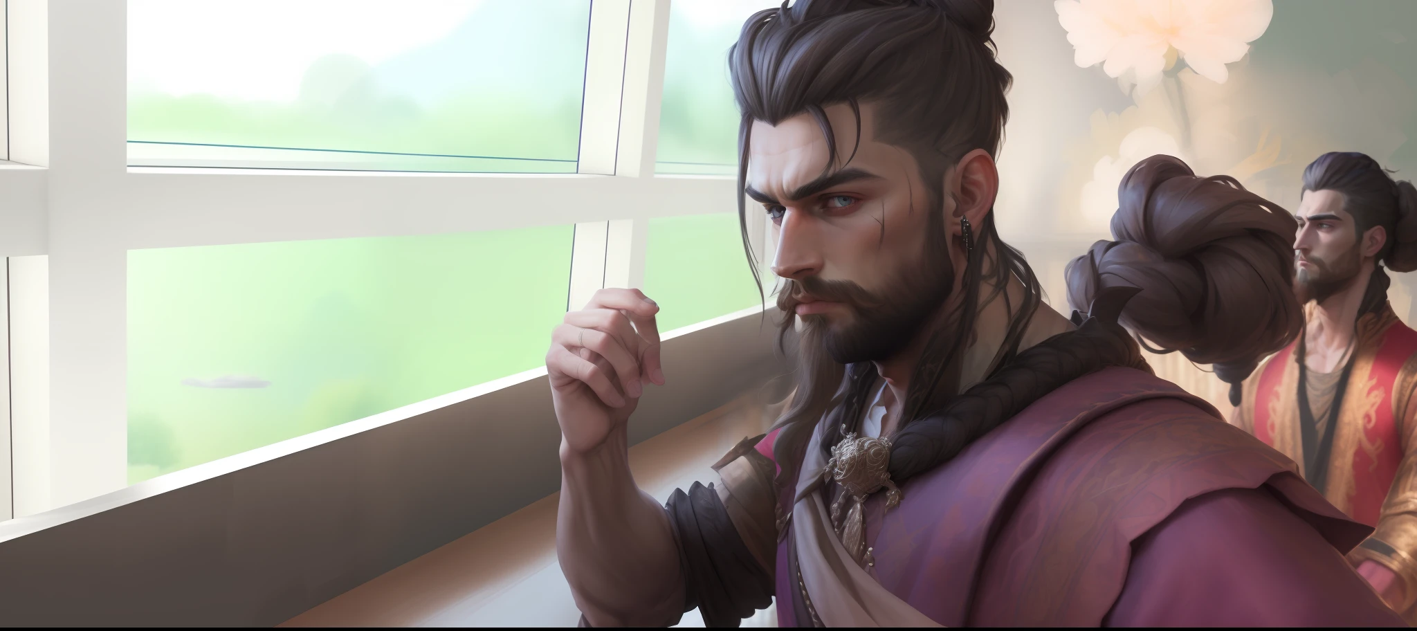 (absurdres, highres, ultra detailed, HDR), masterpiece, best quality, handsome, topknot,