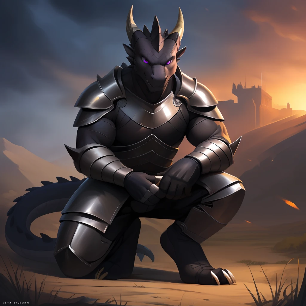 (masterpiece, best quality, high quality, highres:1.4), detailed, extremely detailed, ambient soft lighting, 4K, yupa, (by fffffolder)), delga: ( slim_hunk, athletic, dragon, black body, smooth skin, athletic muscle, anthro legs, (dragon feet), (toe claw), spiked tail, purple eyes, black spikes, (detailed eyes), dragon horn, dragon tail, bare_shoulders, holding, swords , two swords, (clothing, (topwear: (black armor), handwear:(gloves), bottomwear:(pants:black, [[leg armor]]))), handsome, closed_mouth, ((serious_look, serious)) tag:1boy), staring at camera, crouching, battlefield, fierce battle, ((war))