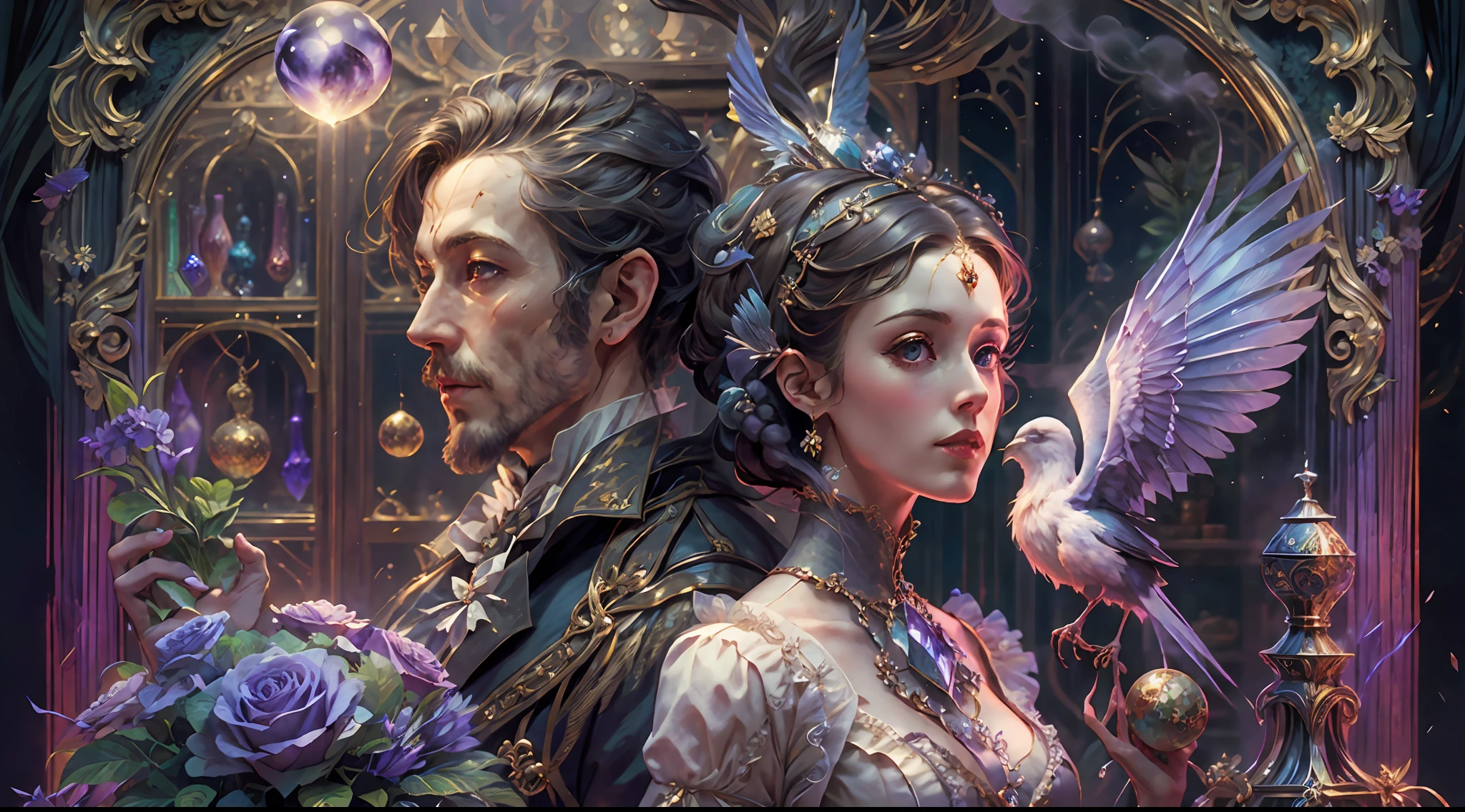 a young, A handsome and beautiful aristocratic couple runs a magic shop in the Age of Steam Magic,head looking up,florals,The bird,A plant,crystal sphere,magic item,victorian aristocrat,purple flower,ultra-realistic realism