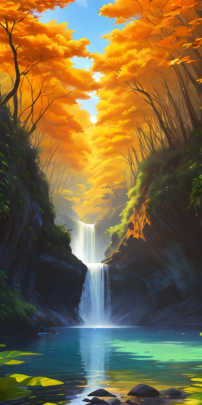 (highres:1.1), melhor qualidade, (obra-prima:1.2), cores vivas, pintura digital, selva, water, beleza natural, Oasis of peace, cerejeiras, Orange skye