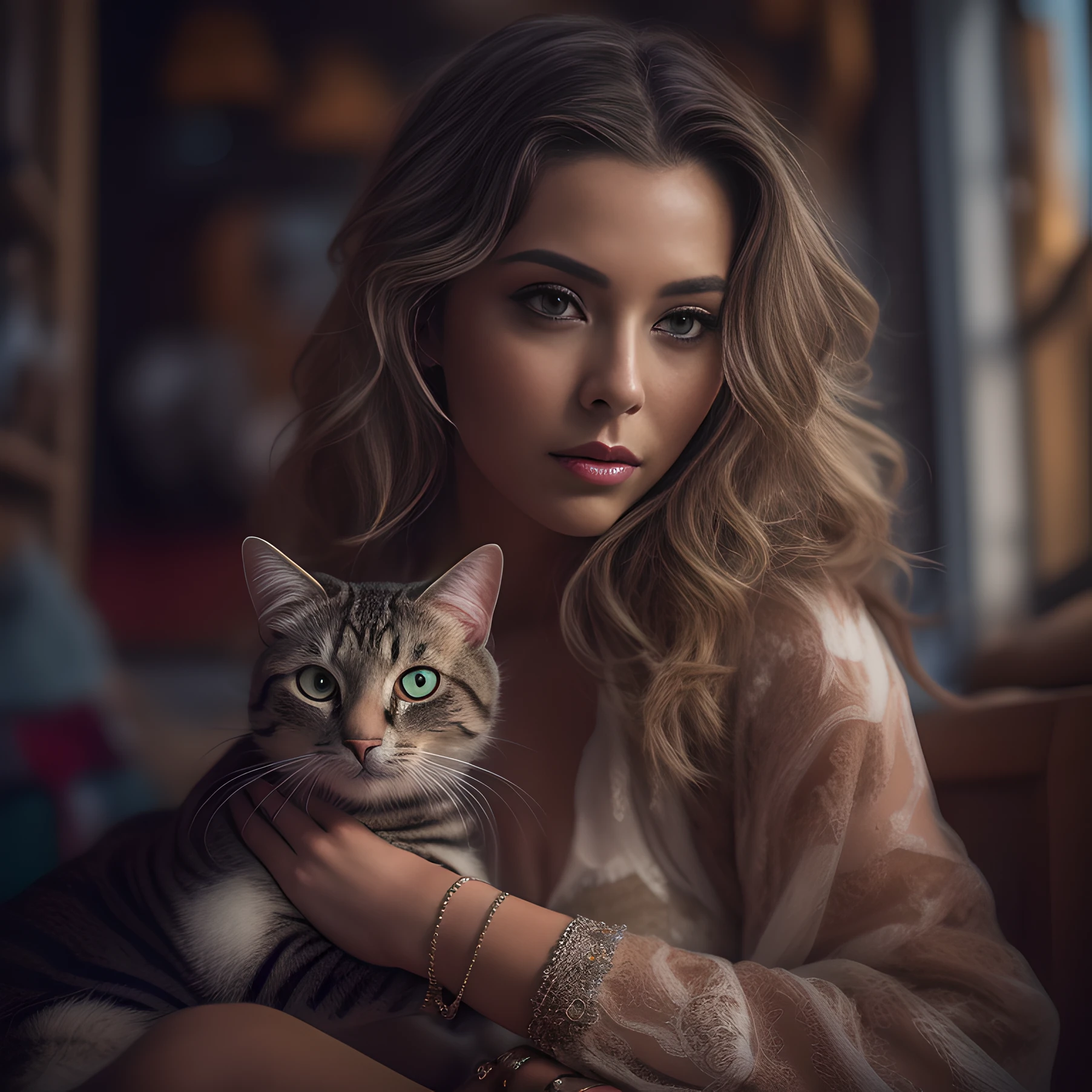 a hypersensual woman with a cat, instagram influencer, hot on CANON R5, 85mm lens, photo shoot, depth of field, incredibly detailed intricate, hyper maximalist, elegant, hyper realistic, super detailed, dynamic pose, centered, photography, natural light, dynamic, highly detailed, sharp focus