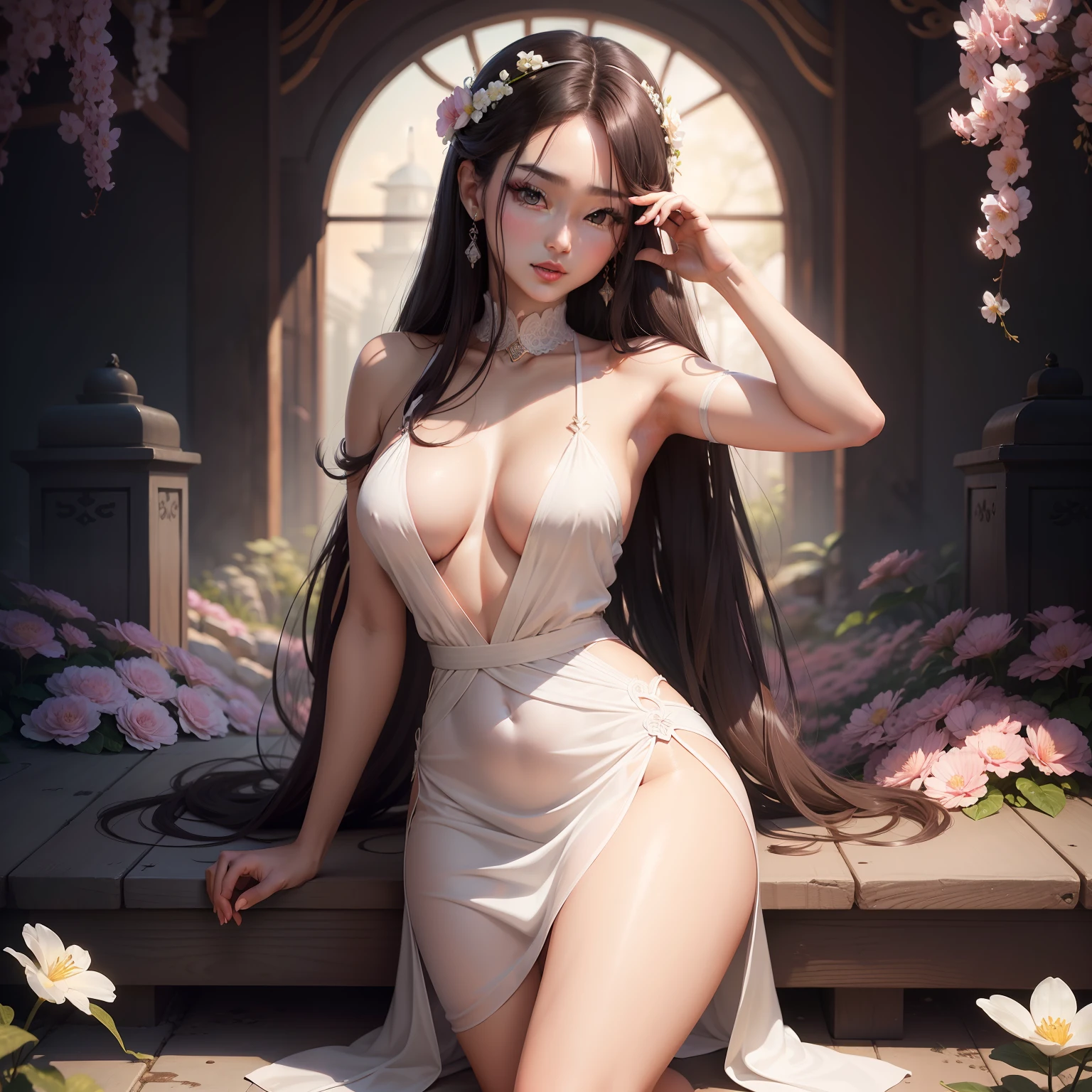 (Very detailed CG Unity 8K wallpaper), (masutepiece), (Best Quality), (ultra-detailliert), (Best Illustration), (Best Shadow), (Realism: 1.5), (pureerosface_ v1:0.5), normal facial features, in line with normal people, eye proportions are coordinated, Real Human Skin, lens halo, Shadow, Glow, depth of fields, Natural lighting, woman posing in front of white dress, white deep V dress, Sexy, Feminine, Red lips, dark brown hair, White skin, Soft, gentle and affectionate, in front of pink flowers, jaw-dropping beauty, beautiful fantasy queen, flower goddess, beautiful goddess, choi hyun-hwa, goddess of Japan, Beautiful Asian Girl,Sensual Pose、Crotch open、A sexy、glamorous、barechested
