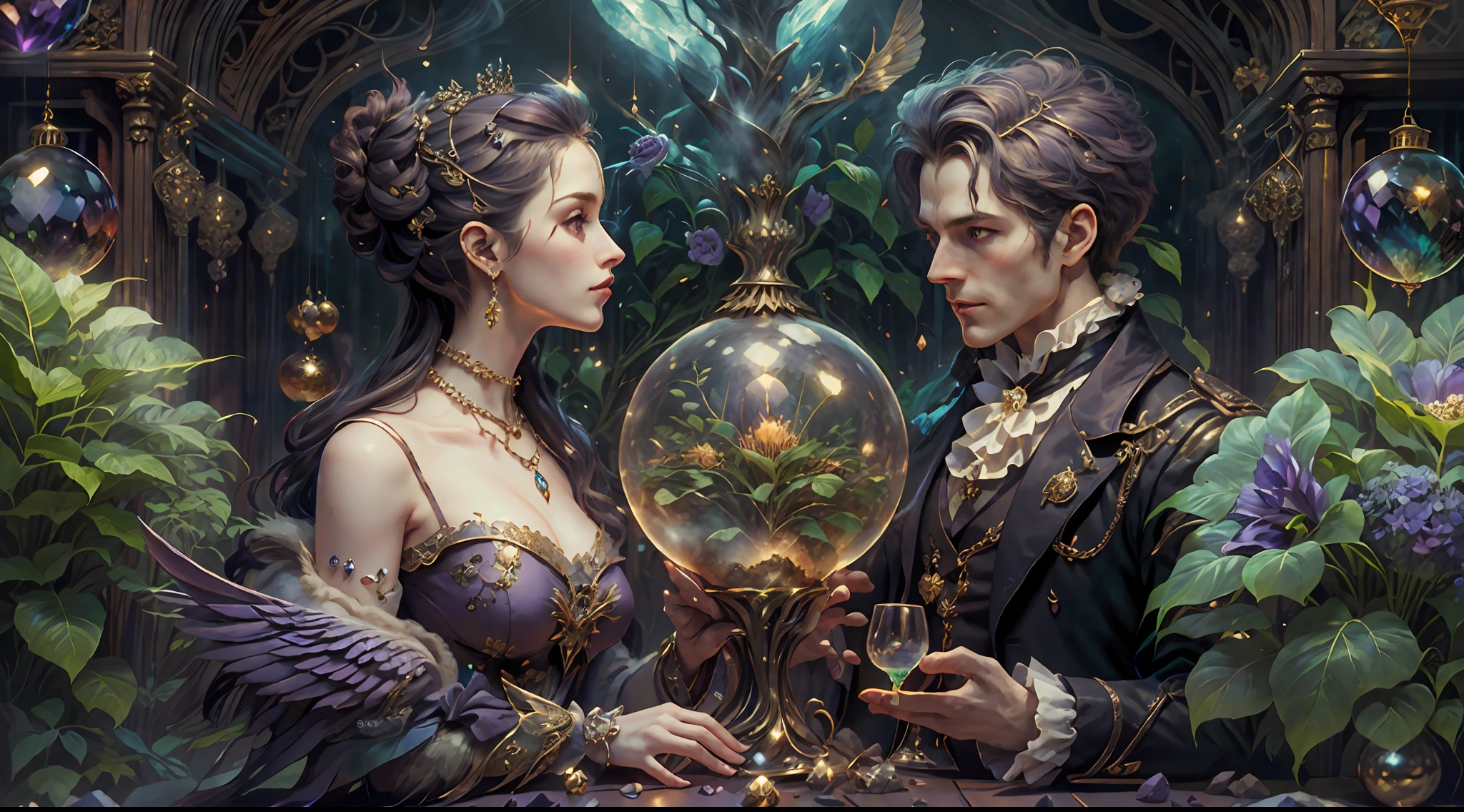 a young, A handsome and beautiful aristocratic couple runs a magic shop in the Age of Steam Magic，head looking up，florals，The bird，A plant，crystal sphere，magic item，victorian aristocrat，purple flower，ultra-realistic realism