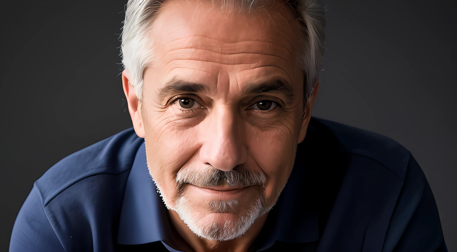obra-prima, Um homem de 50 anos de idade, white and in a dark blue polo shirt sitting with a faint smile on his face looking into the camera, Black background with white lighting, fotografia modo paisagem