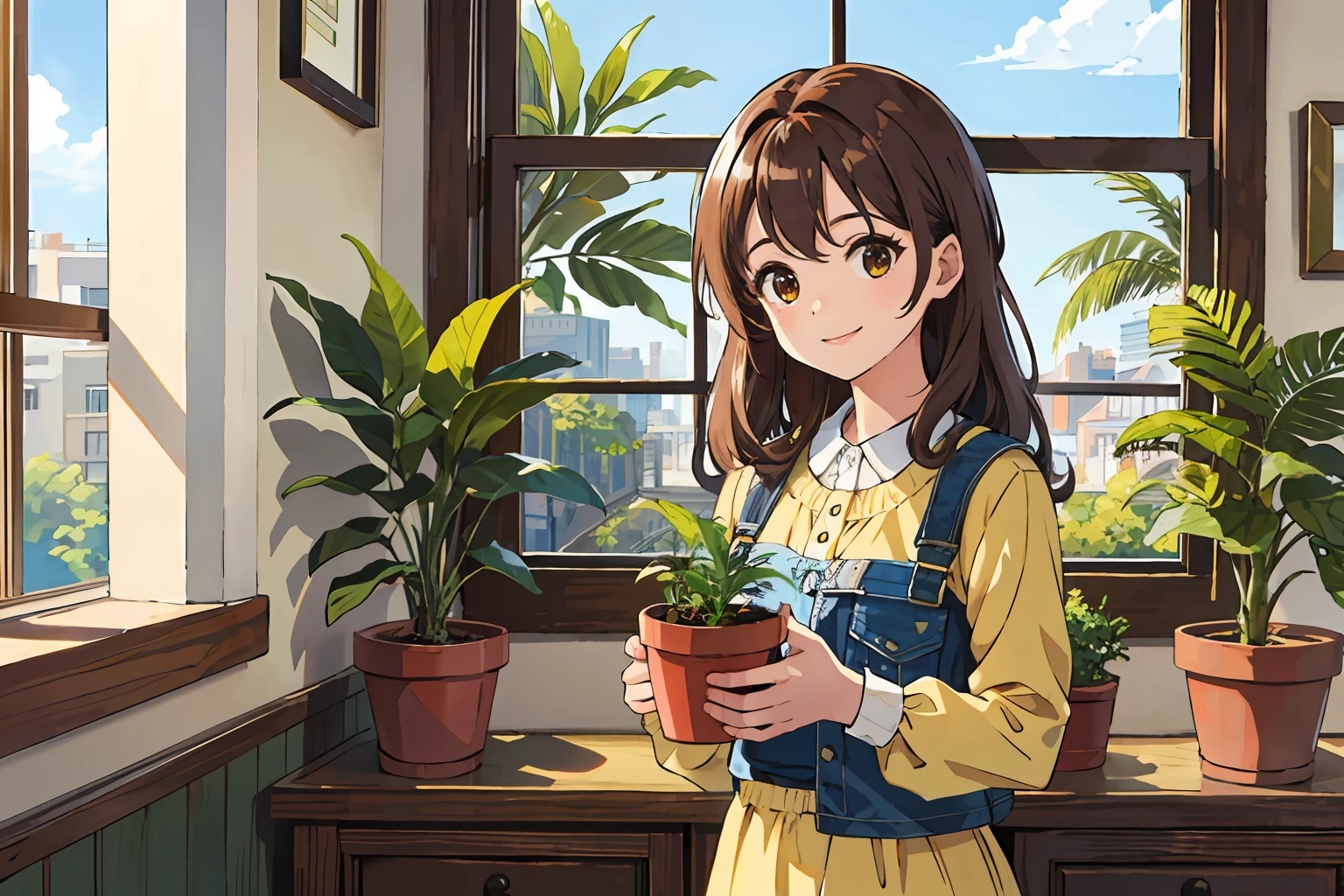 (Best quality, Masterpiece),Sunny,Broad lens,By the window,(Brown hair long),Lively cute girl with long brown hair,Little Keck parrot,Plants in pots,Sunlight,Bright and happy
