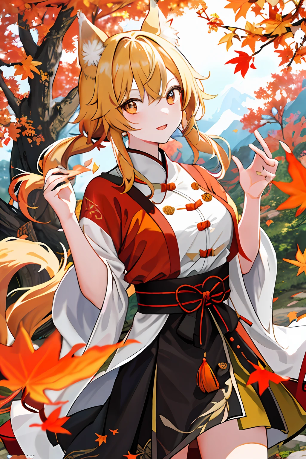 Englai Wonderland,Chinese mythology,Colorful auspicious clouds,autumnal,fall leaves,falling leaf,holding_leaf,fronds,Leaf background,leaf hair ornament,maple leaves,aki_shizuha,Leaf print,starfish,Veins of anger,ginkgo leaf,Cephalic parietal lobes,Veins of anger,The tree,waterfallr,sweet potato,dragonfly,acorns,独奏,pigtails,Blurred foreground,1girl,In the daytime,painting of a,depth of fields,bblurry,long whitr hair,tree branch,Hair decoration,Leaves in the wind,ln the forest,exteriors,naturey,bonfires,The shirt,lookingat_at_viewer,hot onsen,Koi,sitted,tmasterpiece,Best quality at best,(Best quality at best), ((masterpiece)), (highres), Original, Extremely detailed 8K wallpaper, (Extremely Delicately Beautiful),((详细的脸)), beatiful detailed eyes, Hair flutters in the wind, messy hair, lens flare glow, 1little girl,full bodyesbian,(blonde eyes),(red - eyed),(Wolf ears),(Yellowhair),(Wolf tail),(Wolf ears),(Moe girl:1.1),(Wolf ears),Nice detailed eyes,Orange hair,Very long hair,little breast,(looking at viewert),(Magazines:1.3),(Cover style:1.3),Fashionab,woman,with dynamism,garments,posing on a,frontage,Colorful,dyna,Background with,element in,self-assured,Expressing the,halter,statement,fittings,A majestic,coil,Runt,Touching pubic area,Scenes,attention-grabbing,titles,Fashionab,typeface,Catchy,titles,more big,smart,modern day,Fashionab, focus-on, Fashionab,