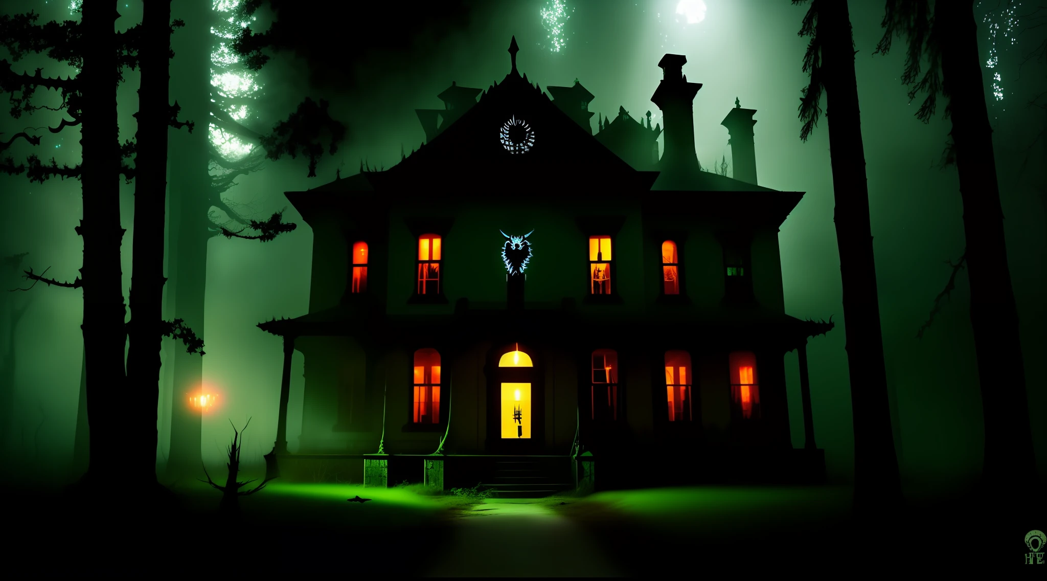 Spooky haunted orphanage in a dense forest with lights and a scary demonic ghost in front