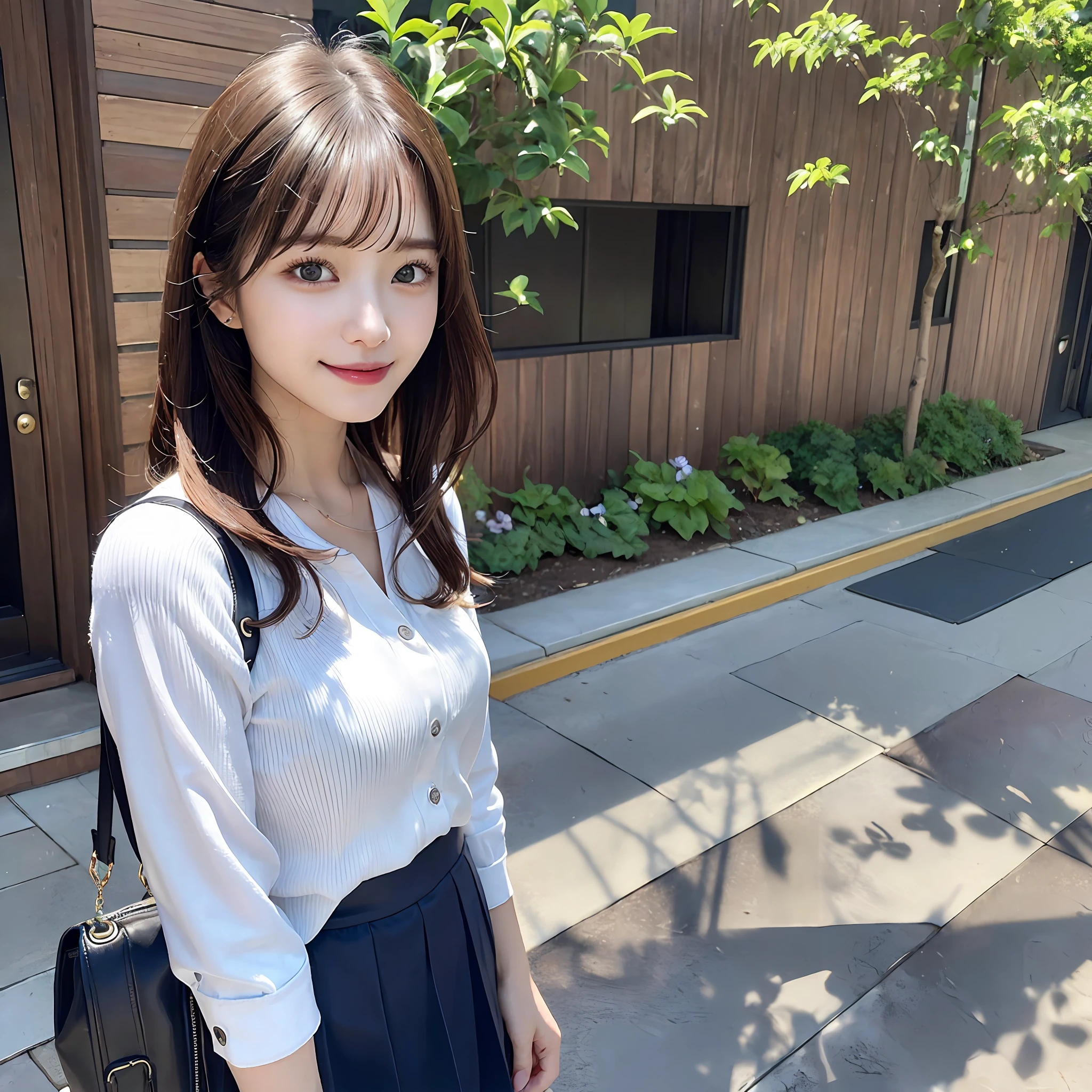 {“query”: “a person”}、((Realistic lighting、top-quality、8K、​masterpiece:1.3))、Focus:1.2、1 girl、Perfect figure:1.4、Slim abs:1.1、((dark brown hair))、(Dark blue jacket)、(Dark blue skirt)、(White shirt)、(outside of house、Daytime:1.1)、(Super fine face、A smile)、big eye、24