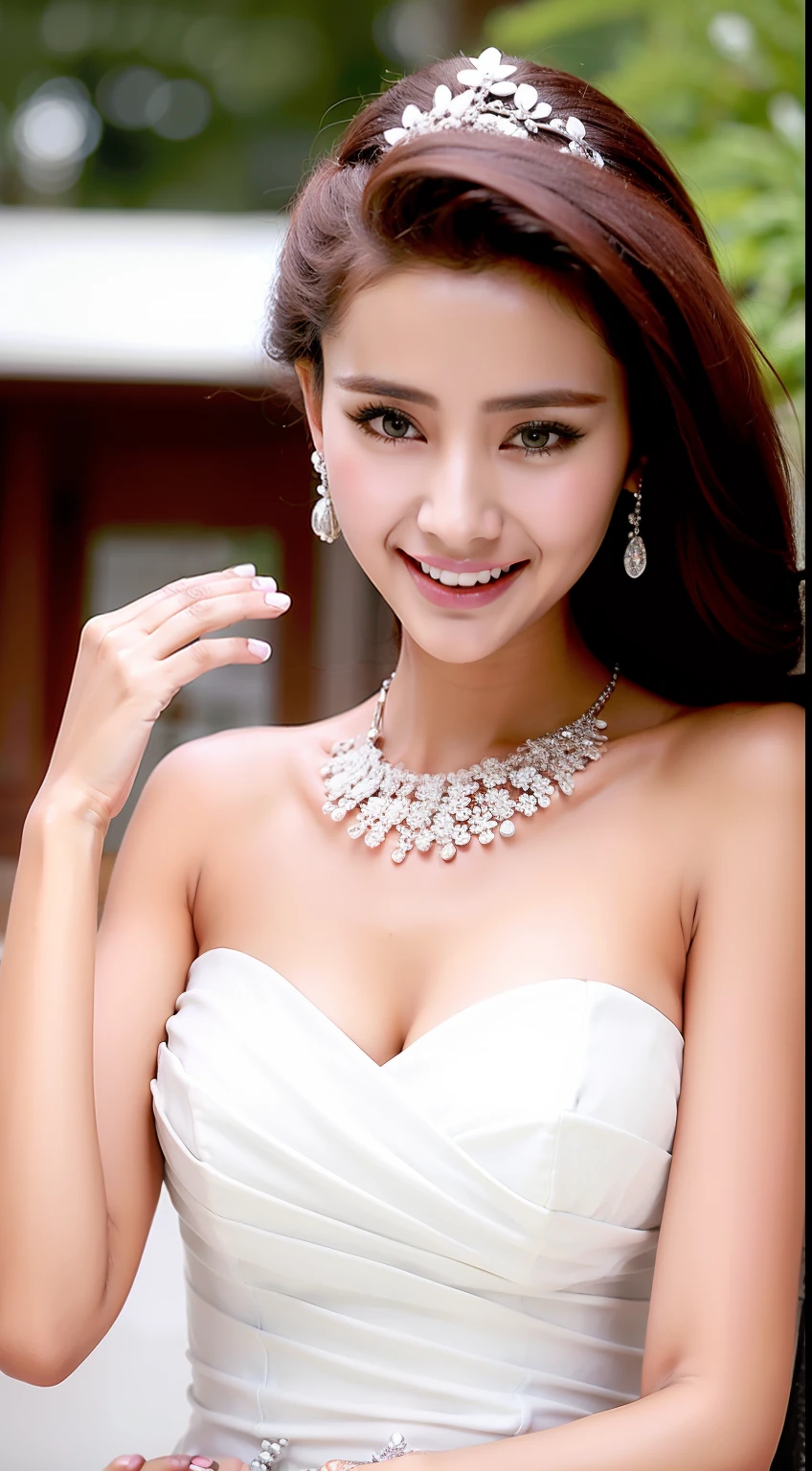 Fashion model 18 years old [[[[closeup cleavage]]]], [[[[boobgasm]]]], [[[[coll]]]], [[[[bshoulders]]]], perfect  eyes, Perfect iris，Perfect lips，perfect teeth，Perfect skin，Long face，slender nose，Soft front light，hdr，Movie girl，on cheongsam，long whitr hair，Long hair with a shawl，Long hair like a waterfall，Green trees and flowers in the background，（pastel colour：1.2）