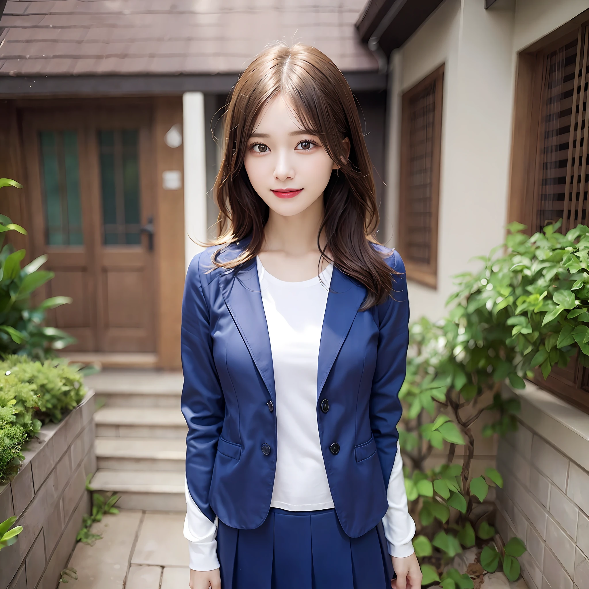 {“query”: “a person”}、((Realistic lighting、top-quality、8K、masterpiece:1.3))、Focus:1.2、1 girl、Perfect figure:1.4、Slim abs:1.1、((dark brown hair))、(Dark blue jacket)、(Dark blue skirt)、(White shirt)、(outside of house、Daytime:1.1)、(Super fine face、A smile)、big eye、24