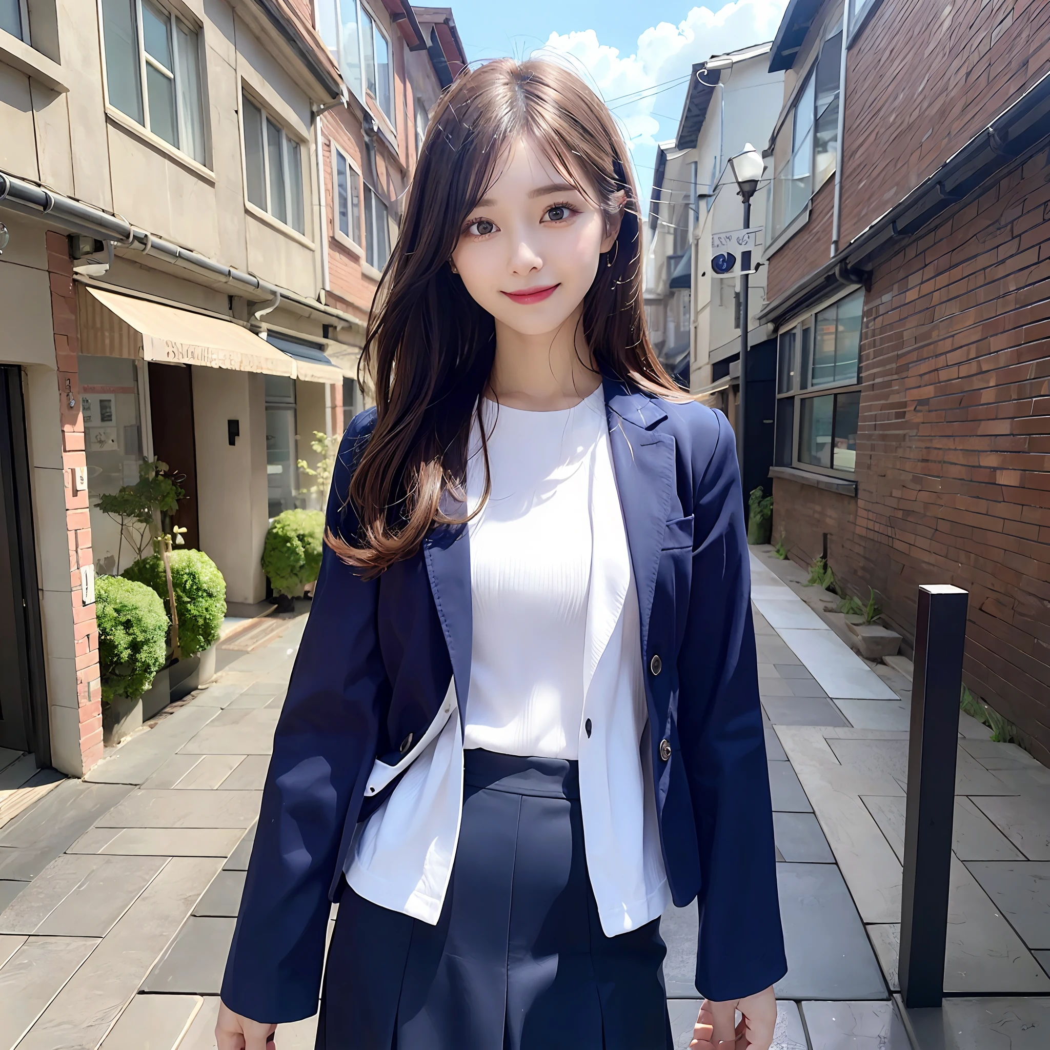 {“query”: “a person”}、((Realistic lighting、top-quality、8K、​masterpiece:1.3))、Focus:1.2、1 girl、Perfect figure:1.4、Slim abs:1.1、((dark brown hair))、(Dark blue jacket)、(Dark blue skirt)、(White shirt)、(outside of house、Daytime:1.1)、(Super fine face、A smile)、big eye、24