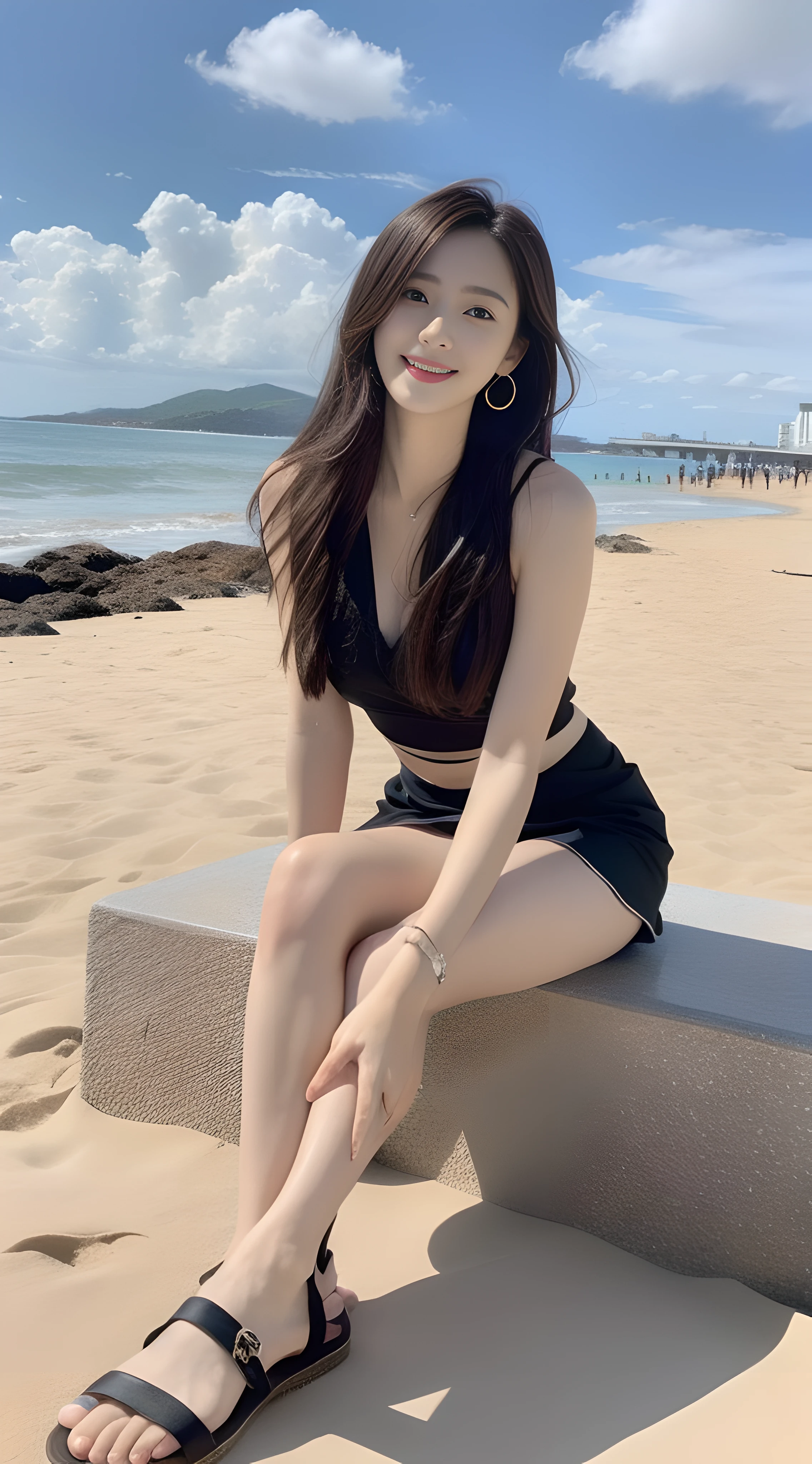 a young, Beautiful cute girl,Full body photo,Extremely beautiful and delicate,Black color hair,A sweet smile,Delicate and beautiful fair skin,Realistic and realistic,exquisite and complete facial features,Detailed depiction of the face,tall nose bridge,Smooth hair,extremely detail hair,Feminine temperament,Tall and tall,Thin,Realiy,White teeth,Tied up with hair,Hyper-realism,sandals,full body shot shot,Forward tilt angle,Extreme picture quality,Highest precision,Precise and perfect human anatomy。with blue sky and white clouds,with blue sky and white clouds,rays of sunshine,Cows, sheeps, (Chiffon skirt)(telephoto shot,)Express the landscape,Highlight portrait。Sitting on the beach by the sea。Wearing earrings
