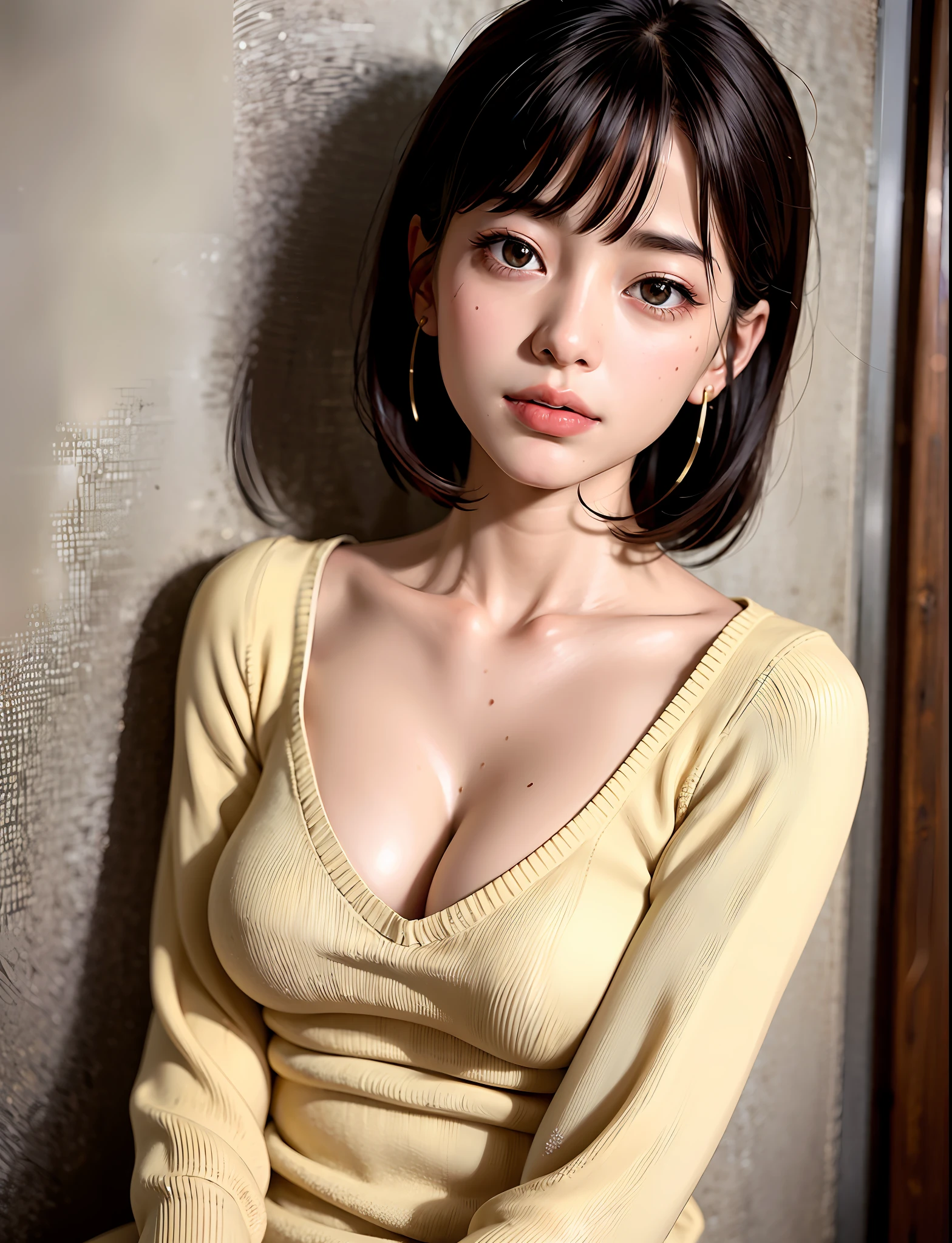 女の子1人、top-quality、realisitic、独奏、depth of fields、natural soft light、during daytime、魅惑的、beauitful face、cleanliness、Pure face、de pele branca、kawaii、short-hair、the beach、rays of sunshine、Brustwarzen、full bodyesbian、((Sweaters、Beautiful face in golden proportions))、long neck、Put your ears out、Clean short bob hair with bangs