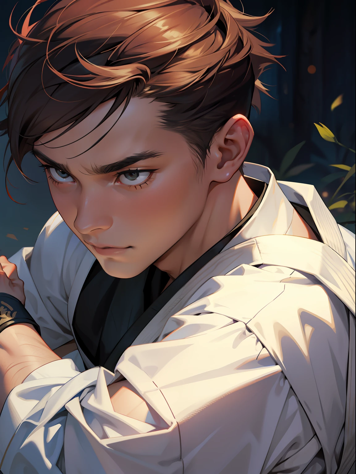 of a guy,short detailed hair,period costume,Martial arts,Close-up,nigth,