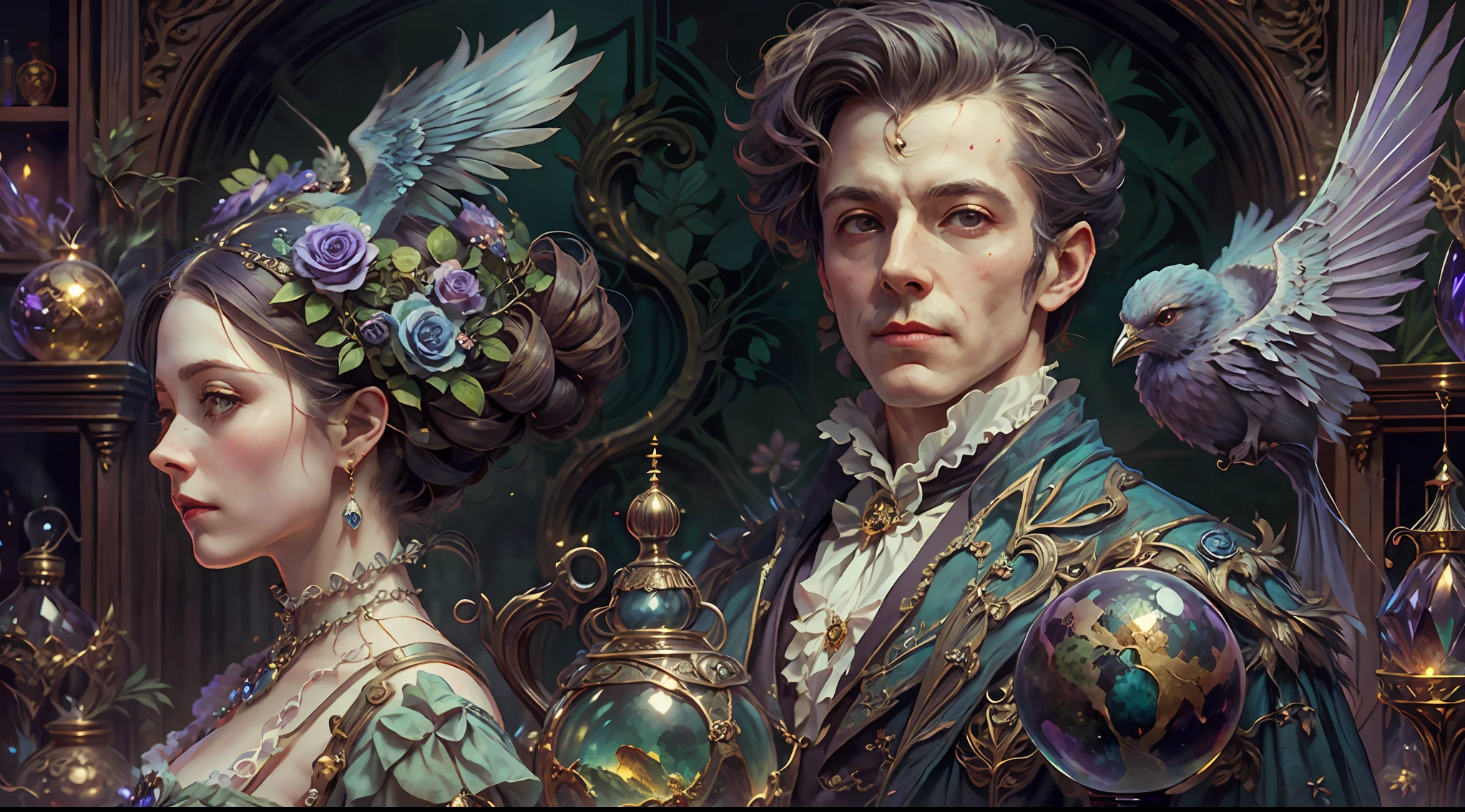 a young, A handsome and beautiful aristocratic couple runs a magic shop in the Age of Steam Magic，head looking up，florals，The bird，A plant，crystal sphere，magic item，victorian aristocrat，purple flower，ultra-realistic realism