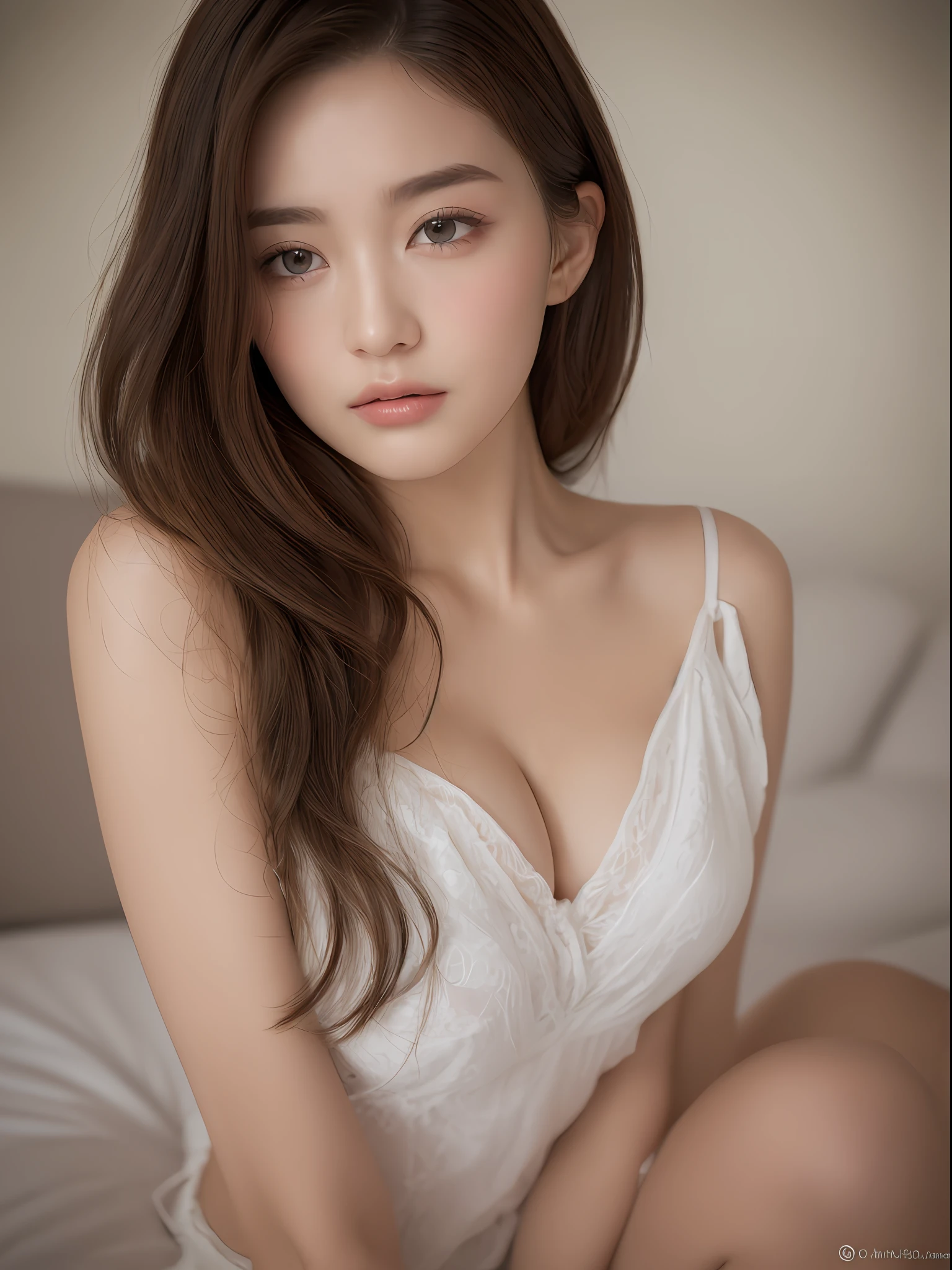 ((Top quality, 8k, Masterpiece: 1.3)), beauty, hidden face, 1 girl, beauty: 1.3, slender abs: 1.1, beautiful clothing, random hairstyle, (sitting on bed), ultra-detailed face, highly detailed lips, detailed eyes, double eyelids, exposed cleavage,