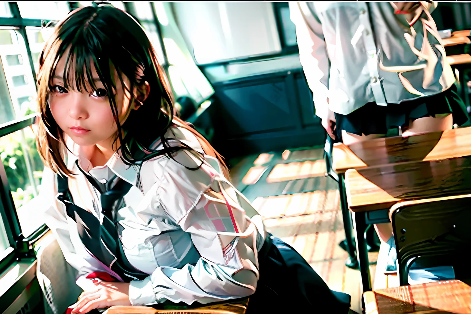 There was a woman sitting at a desk.、A man is standing behind, a hyperrealistic schoolgirl, a hyperrealistic schoolgirl, Cute Schoolgirl, in class room, full subject in shot, perfect expression, Young Sensual Gravure Idol, Realistic Young Gravure Idol, full subject in frame, seductively looking in front, Innocent look, Realistic Schoolgirl