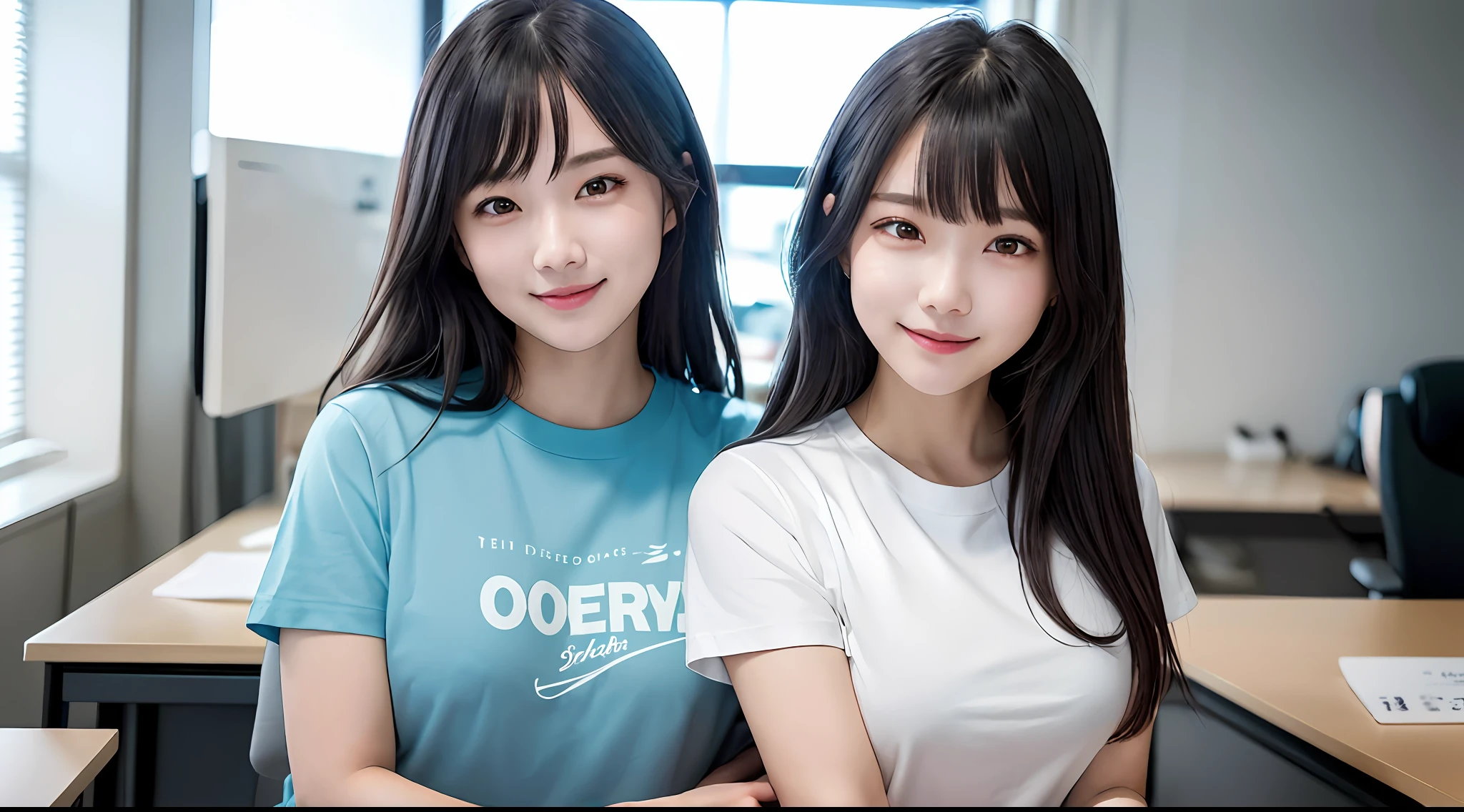 女の子1人、Women around 22 years old、garments(tshirts）、A dark-haired、a picture、realisticlying、top-quality、adopt、A detailed face、s Office、a desk、细致背景、diffuse sunlight、depth of fields、独奏