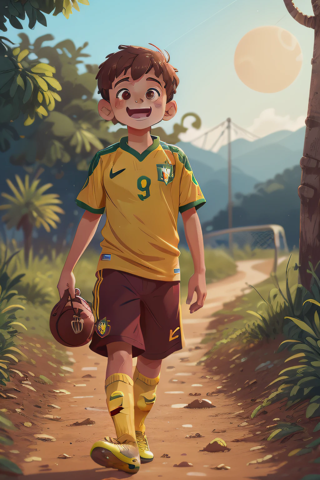 menino de 9 anos, cabelos curtos, cortados, marrons, olhos marrons, Shirt of the Brazilian national soccer team, amarela, caminhando sozinho em uma bela paisagem montanhosa no por do sol, feliz, estilo disney chanel, imagem uhd, 8k, ultra.
