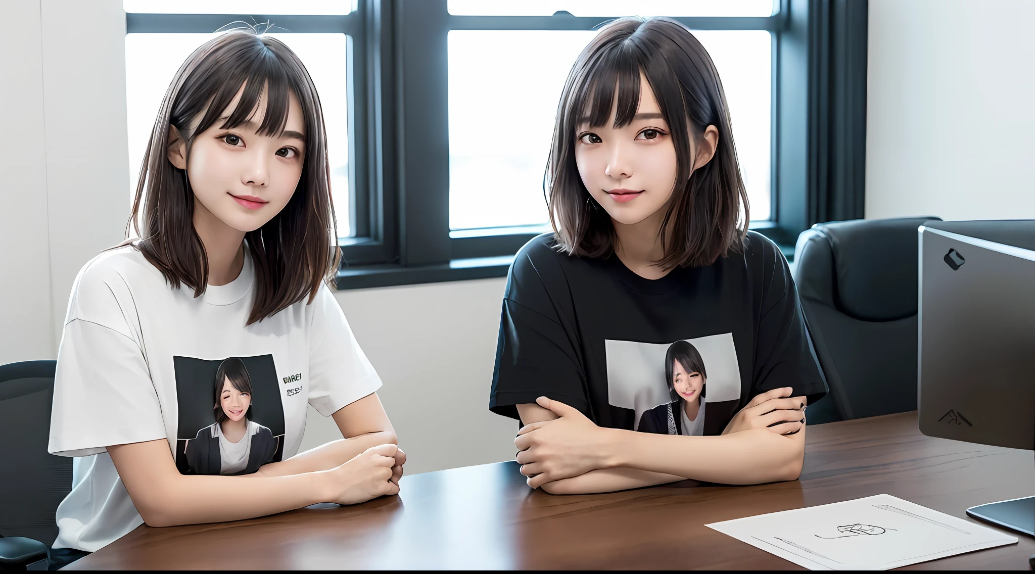 1人、Women around 22 years old、garments(tshirts)、A dark-haired、a picture、realisticlying、top-quality、adopt、A detailed face、s Office、a desk、细致背景、diffuse sunlight、depth of fields、独奏