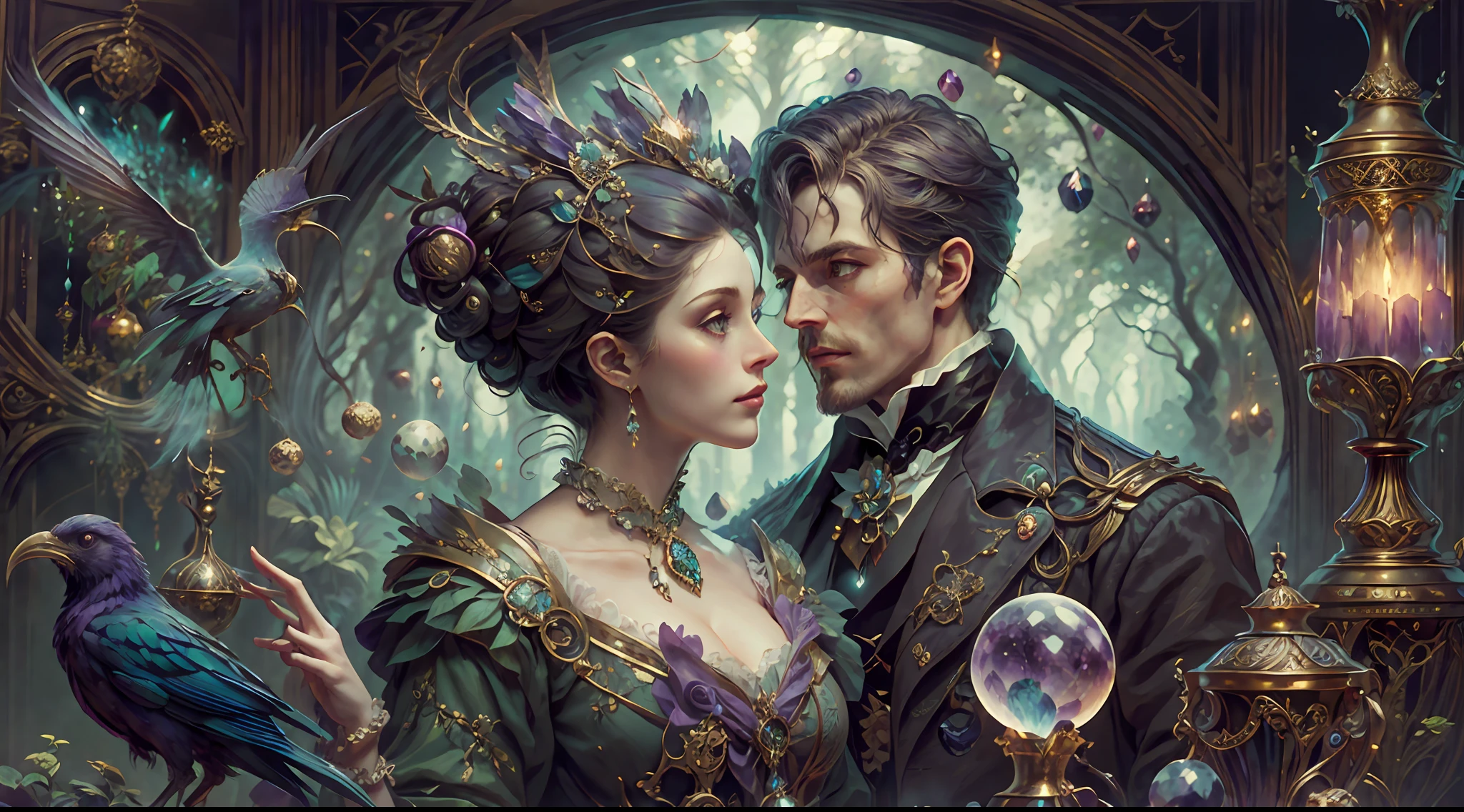 a young, A handsome and beautiful aristocratic couple runs a magic shop in the Age of Steam Magic，head looking up，florals，The bird，A plant，crystal sphere，magic item，victorian aristocrat，purple flower，ultra-realistic realism