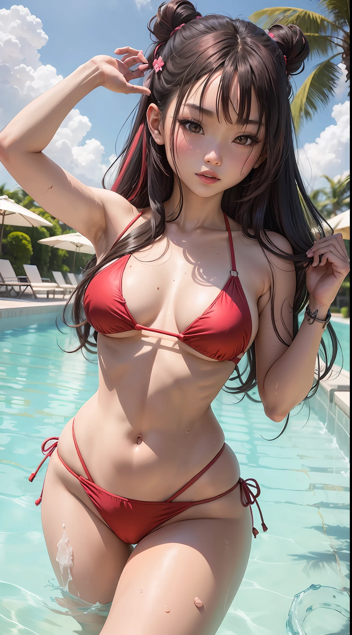 Asian girl, Seios enormes, coxas grossas, quadril fino, bunda grande, small red bikini, toda molhada, piscina, (cabelo preto com mechas rosas).
