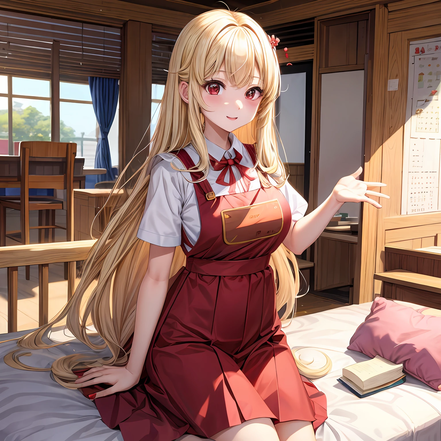 a blond、red eyes、One pretty girl、独奏、animesque、Nursery teacher、pinafore