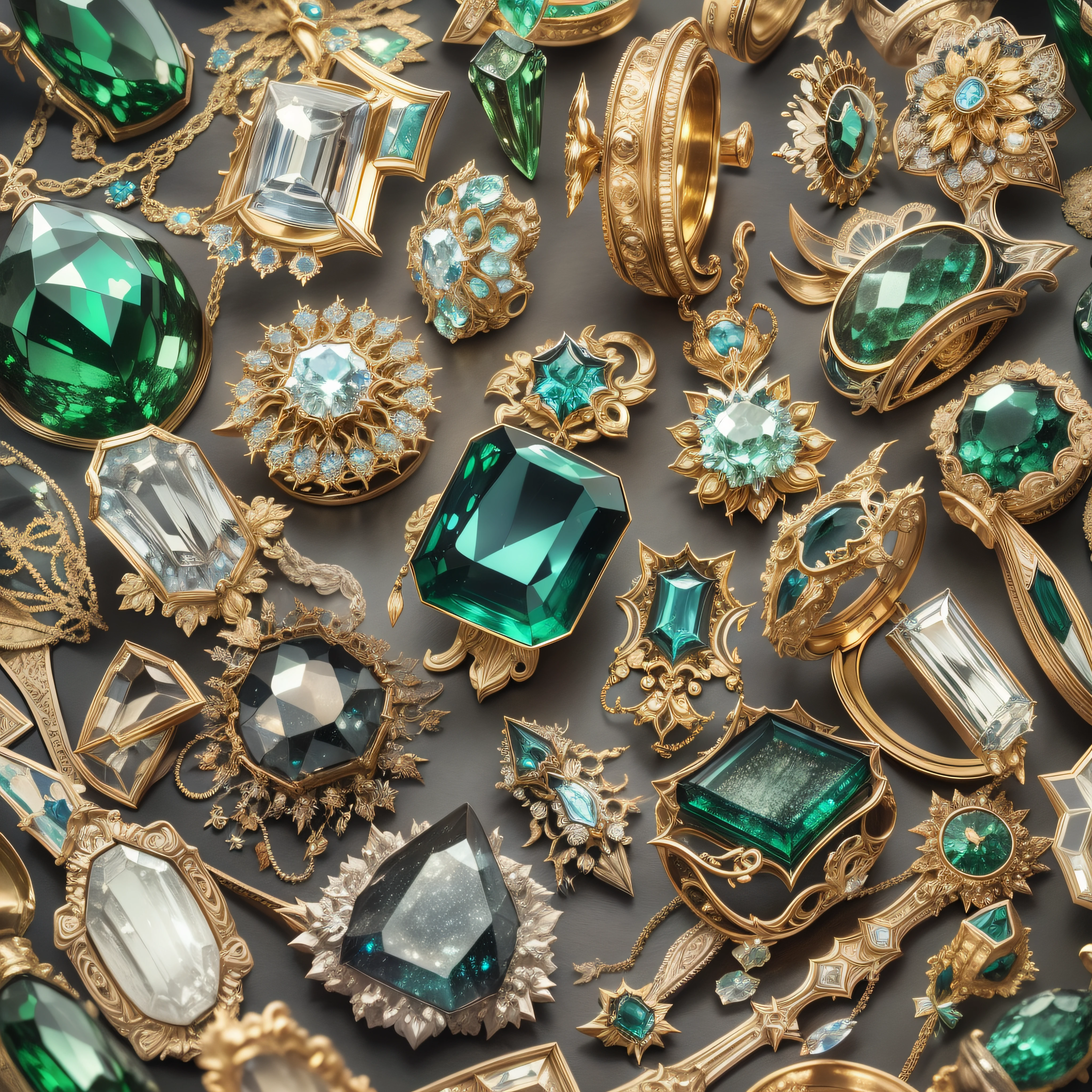 Green and white color scheme,(Full Focus),Antiques in display cases,Jewelry in a display case,Crystal gemstones in display case,Gold and silver products,magic item,Magic aura,High-tech luxury, High-value jewelry,,High-value metals,luxury goods,Puzzles are prohibited, Detailed and complex background, glittery, reflective light, hyper HD, Award-Awarded, A high resolution, High detail, Chiaroscuro, Cinematic lighting, Masterpiece, Ray traching,structurally correct, Super detail, High quality, High details, Best quality, 16k