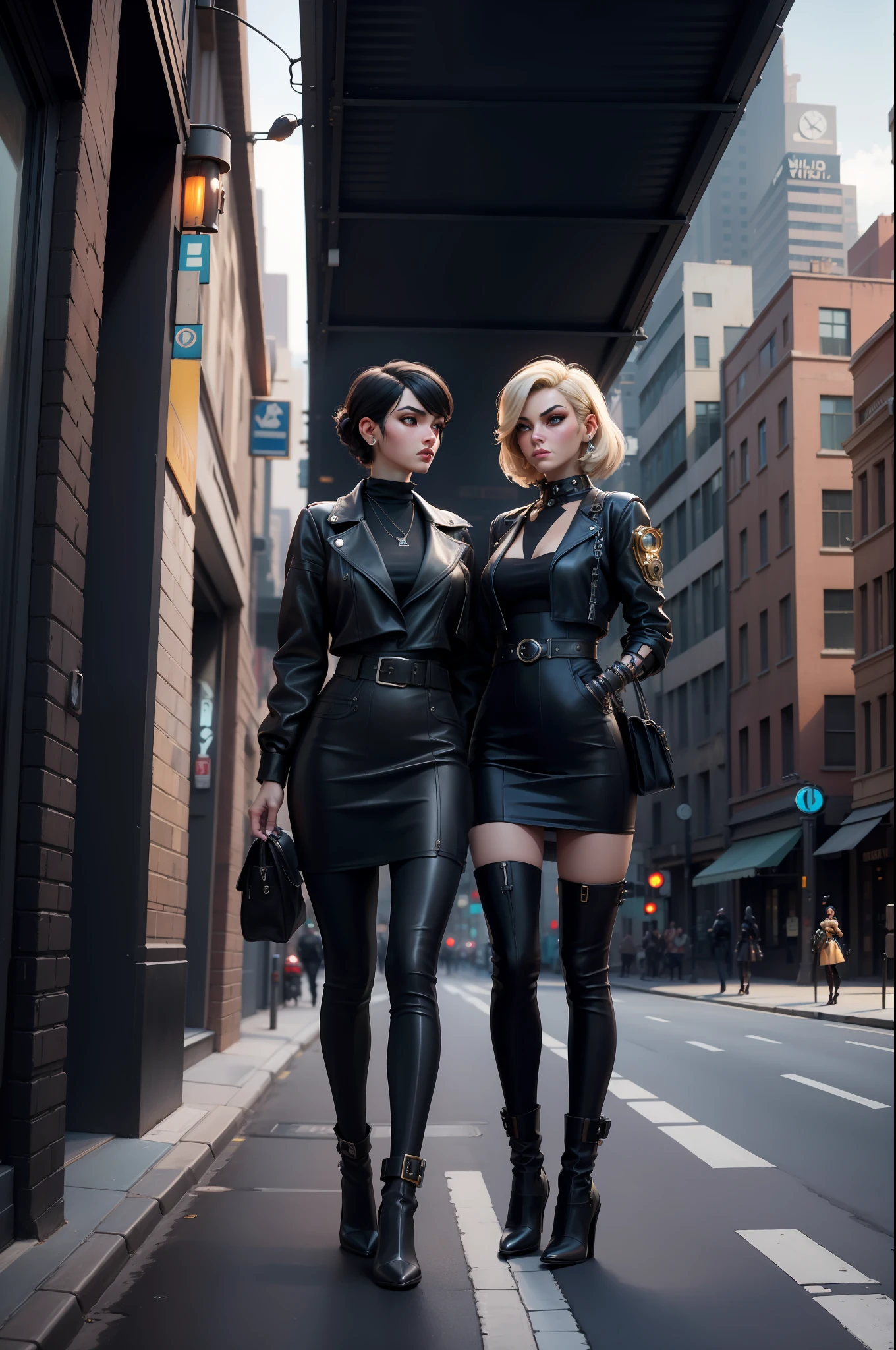 original, masterpiece, best quality, official art, painting, there are two women standing on the side of the road, life screenshot, at a city street, in the street, in city street,, fashion  futuristic dieselpunk street, beautiful  stylized urban fantasy artwork, in cyberpunk city, realistic fantasy render,