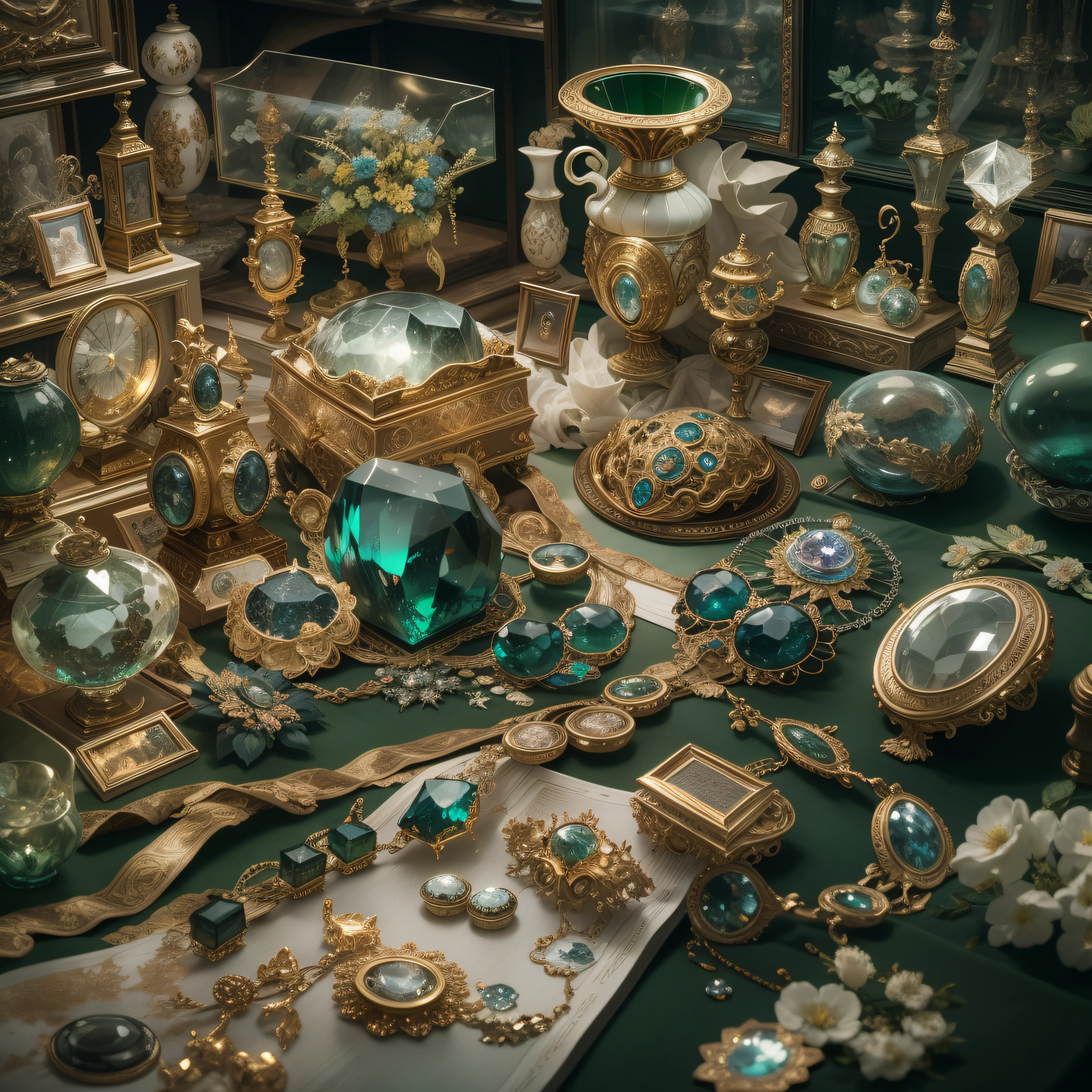 Green and white color scheme,(Full Focus),Antiques in display cases,Jewelry in a display case,Crystal gemstones in display case,Gold and silver products,magic item,Magic aura,High-tech luxury, High-value jewelry,,High-value metals,luxury goods,Puzzles are prohibited, Detailed and complex background, glittery, reflective light, hyper HD, Award-Awarded, A high resolution, High detail, Chiaroscuro, Cinematic lighting, Masterpiece, Ray traching,structurally correct, Super detail, High quality, High details, Best quality, 16k