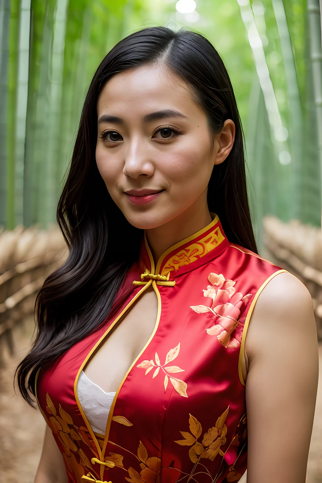 RAW photo, (closeup:1.2), portrait photo of 25 to 28 y.o french woman, Chinese Qipao, Bamboo forest, standing, natural skin, 8k uhd, high quality, film grain, Fujifilm XT3