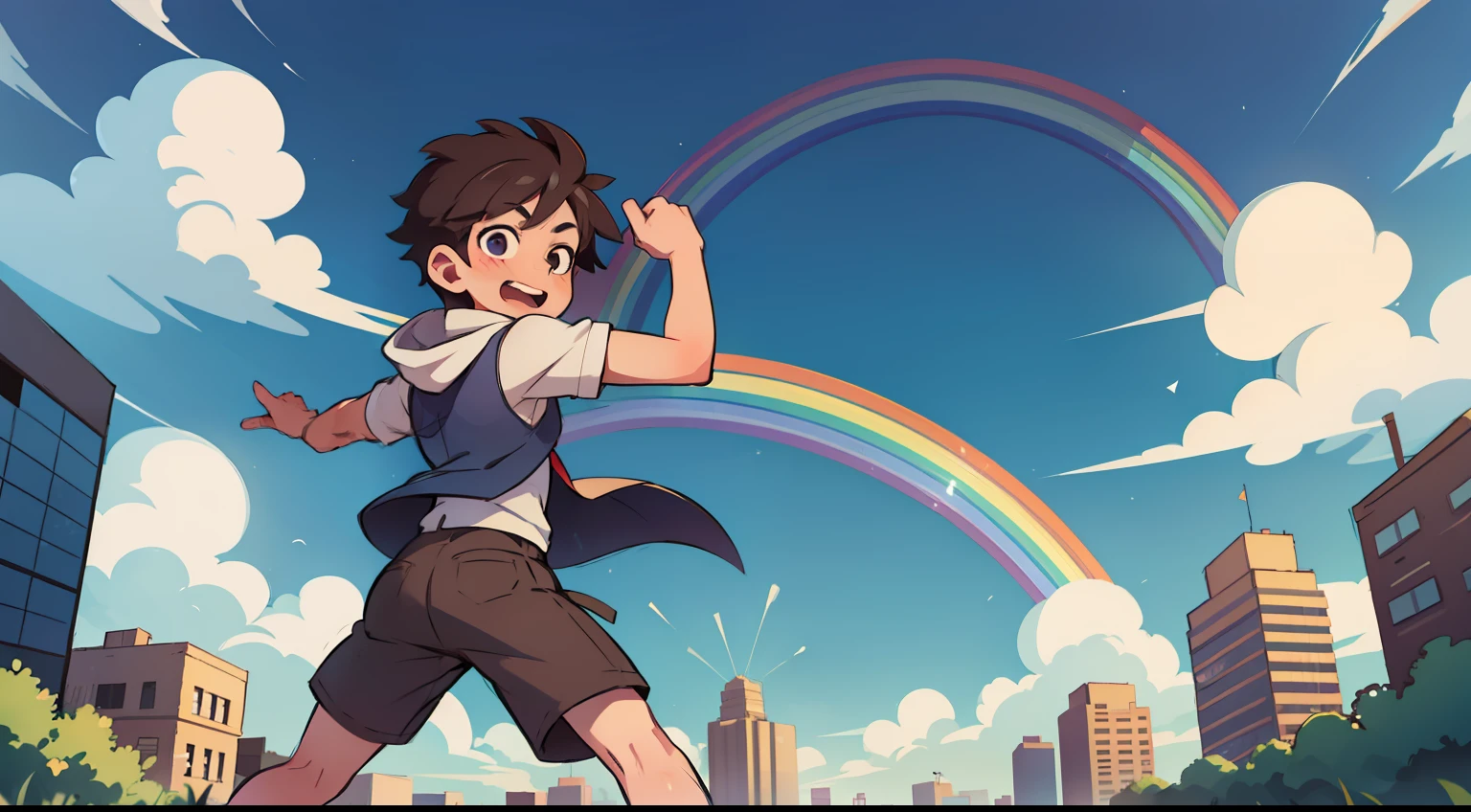 -a boy- throwing -a magic ball- in the sky, and creating a -rainbow- in the city.