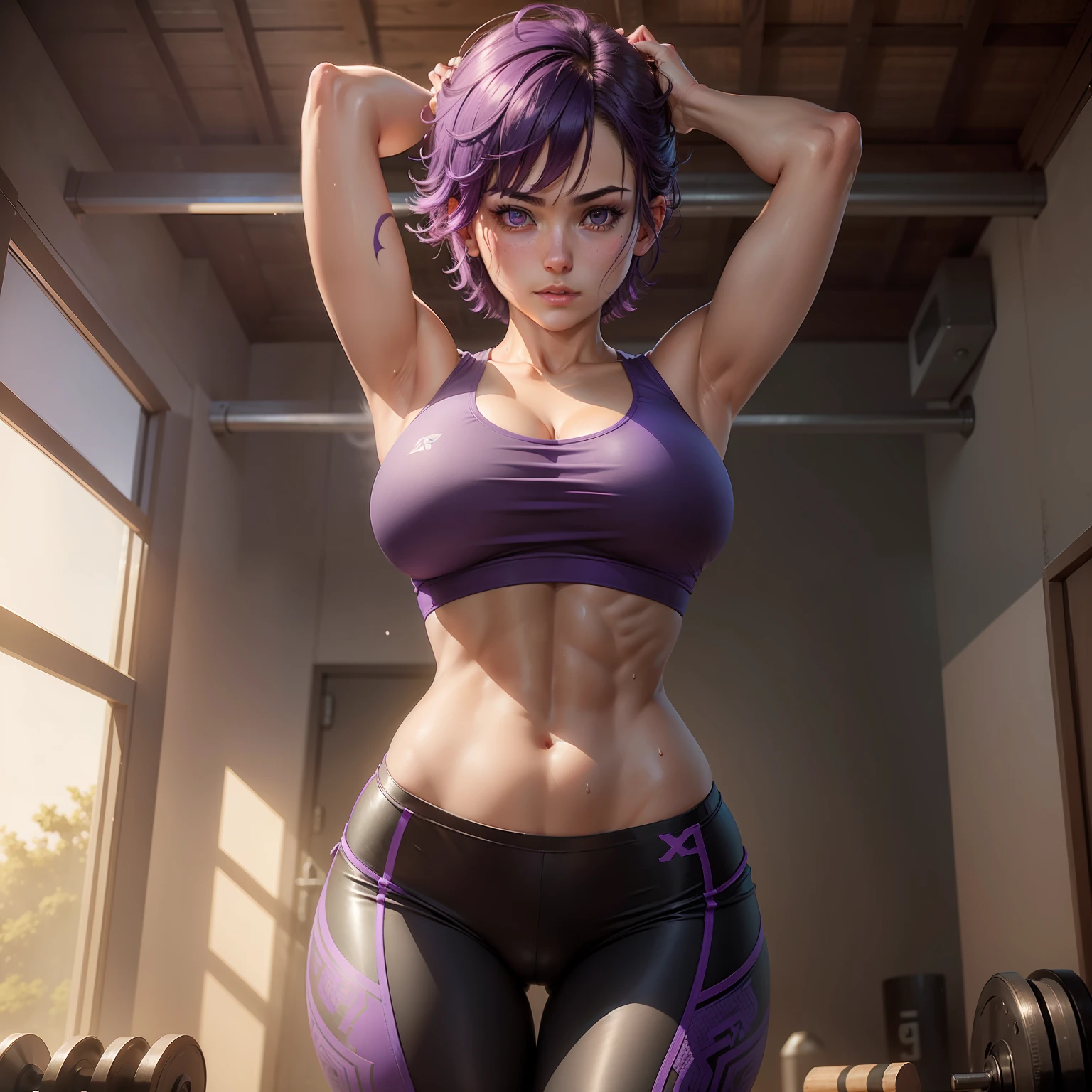 1girl, cowboy shot of RezeCSM, short hair, purple hair, yoga pants, sweat, in gym, volumetric lighting, best quality, masterpiece, intricate details, tonemapping, sharp focus, hyper detailed, trending on Pixiv, big ass, big breasts, abs, looking at viewer, busty
