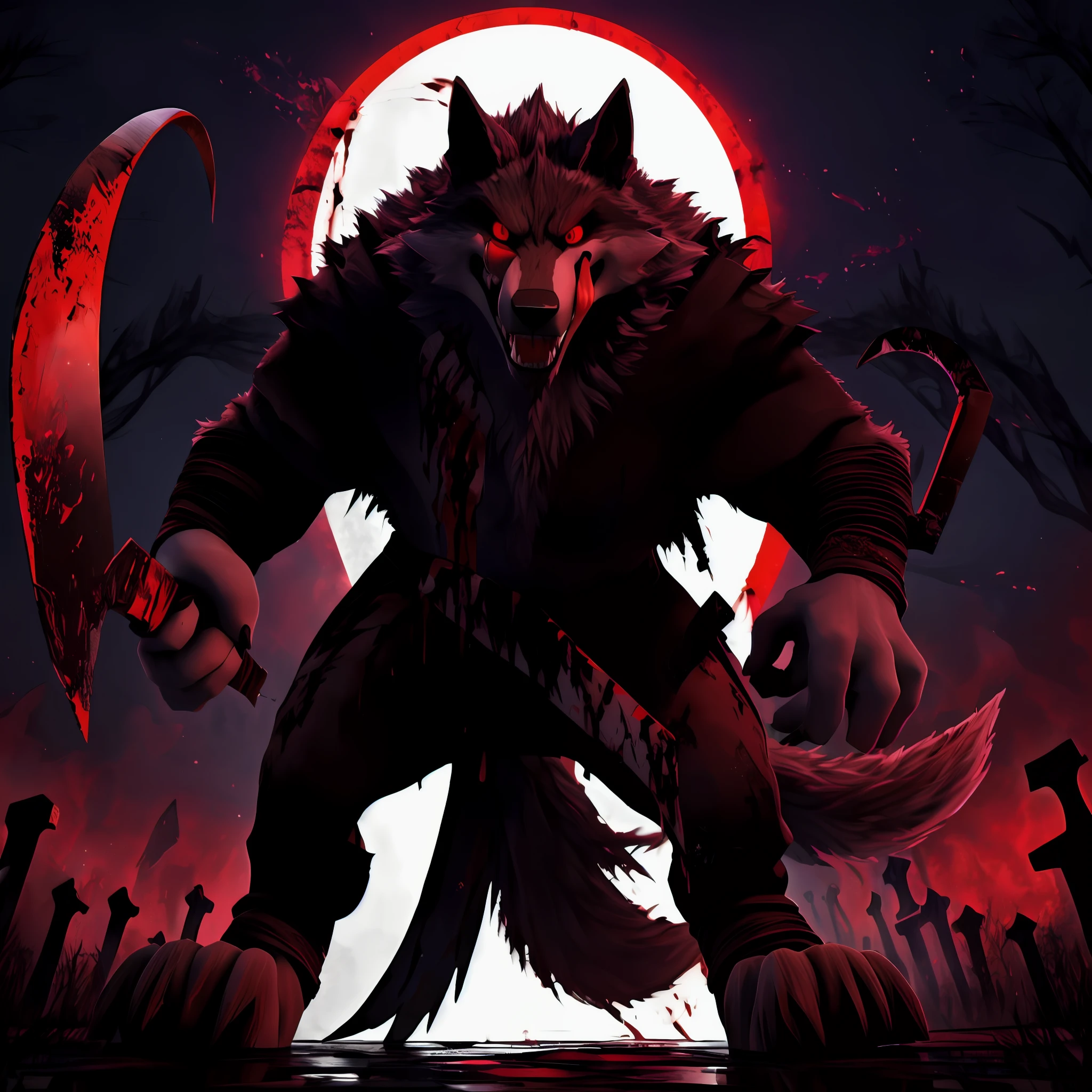 Death Wolf is in a graveyard full of blood is holding his scythe is full of blood is watching you in the dark without you realizing is looking at the viewer with his red and dark eyes I am saying that the following was very worthwhile to sell my soul to the devil, after all I don't believe in this religion thing, God for me does not exist You will be my next victim, You can't run away from me I'm your worst nightmare I'm the terror of this world, Hell is waiting for you, your chest is coming out a lot of blood, is possessed by a great hatred, it's licking lips full of blood (remasterizado 3D full HD 8K)