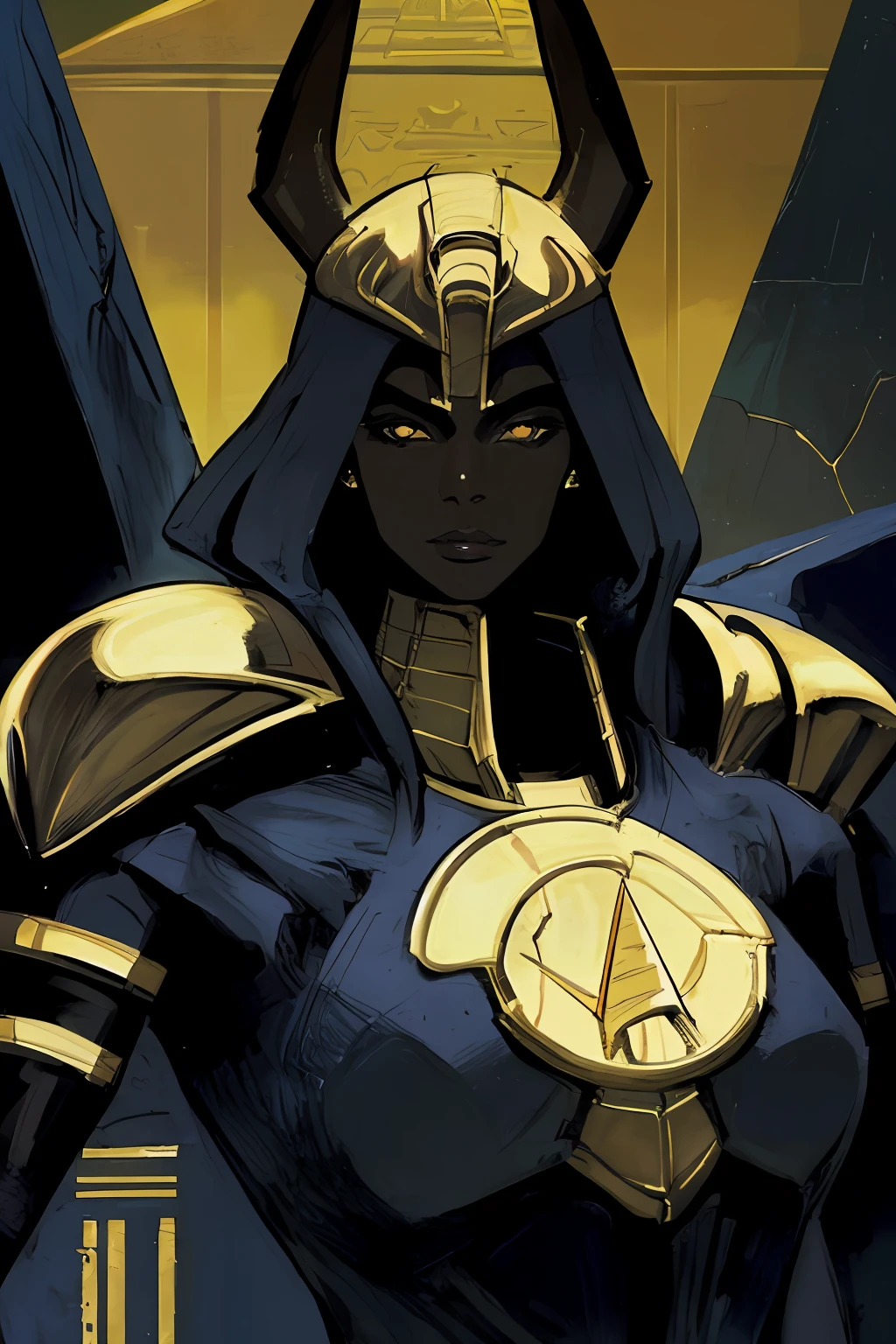 portrait of 1 beautiful woman, battle stance, anubis armor, pyramid, complex background,
futuristic Egypt, detailed, ( methurlant)
dark chamber, dim light,
(masterpiece, best quality:1.3),