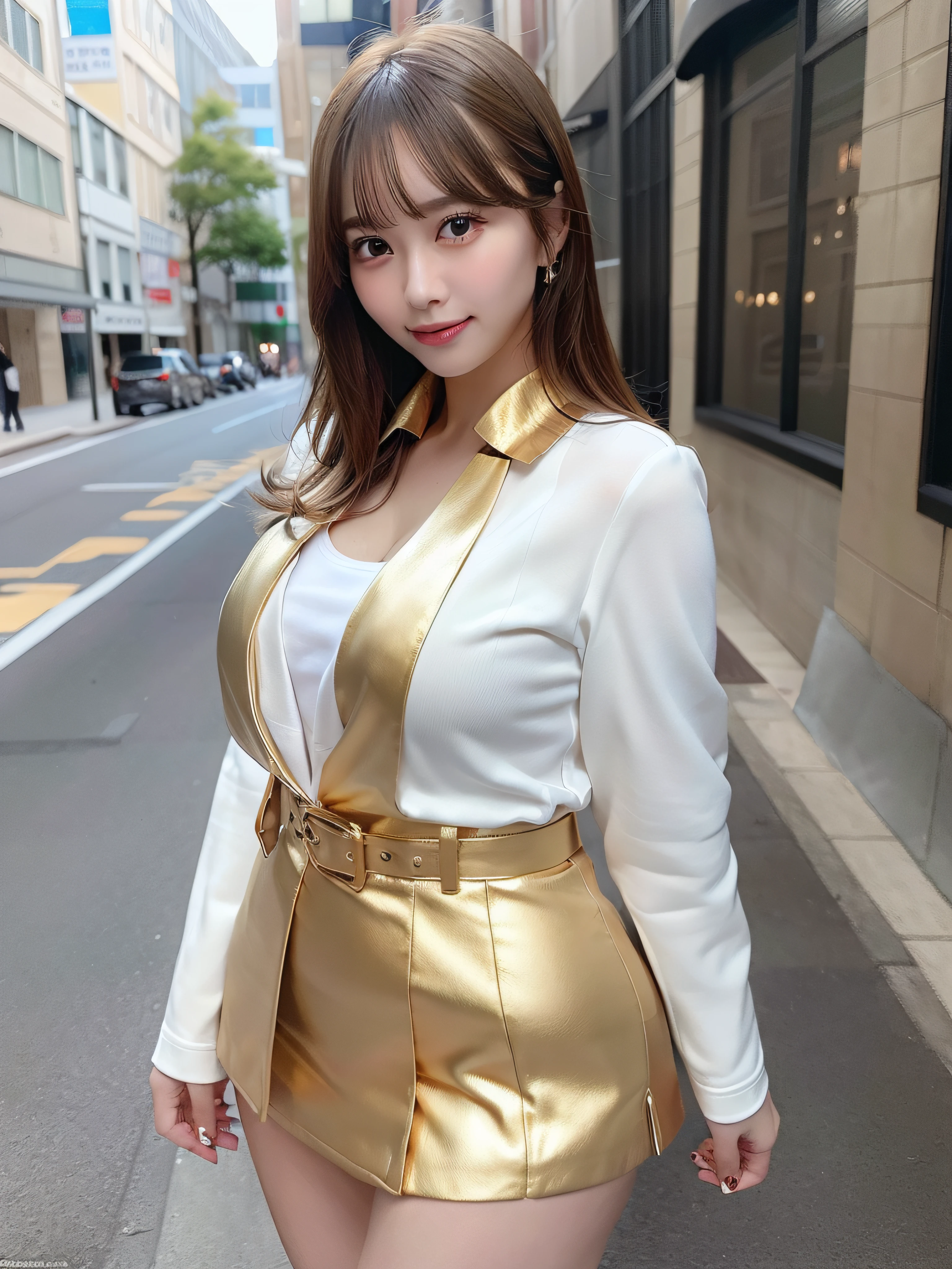 Woman in office casual、In the street、Jacket Suit、White blouse with collar、Gold Belt、tight skirts、fullllbody、top-quality、ultra-detailliert、超A high resolution、(Photorealsitic:1.8)、Saika 1、Erotic face、looking at the viewers、a smile、natural soft light、huge tit