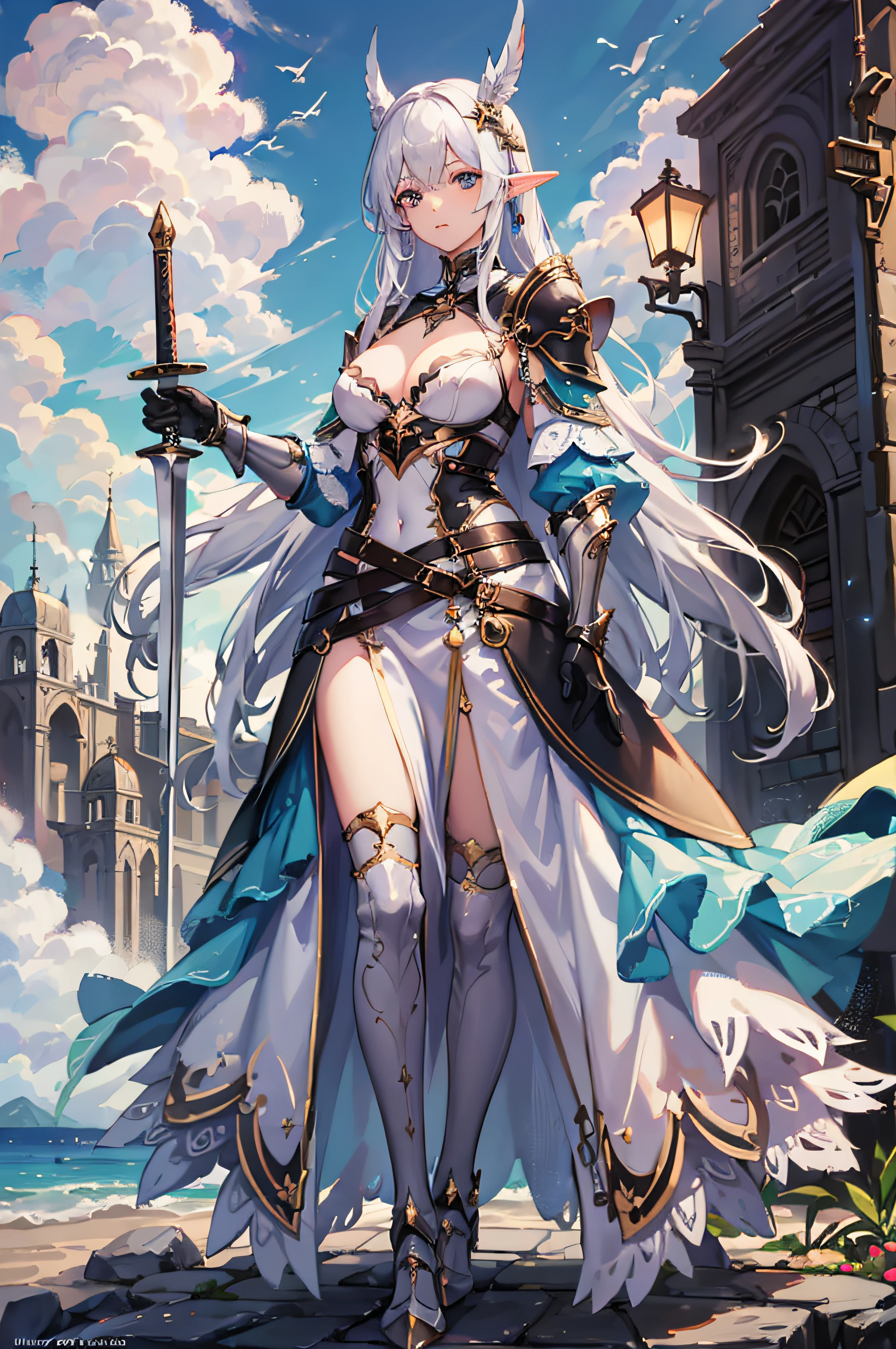 ((4k,masterpiece,best quality)), maxiskit, dress conservatively 1 girl, solo, full body, wide shoot, standing, holding sword down, white hair, long hair, elf ears, Valkyrie, armor, angel, white bra, side bang, from front, extra size body, night, mountain, look at viewer