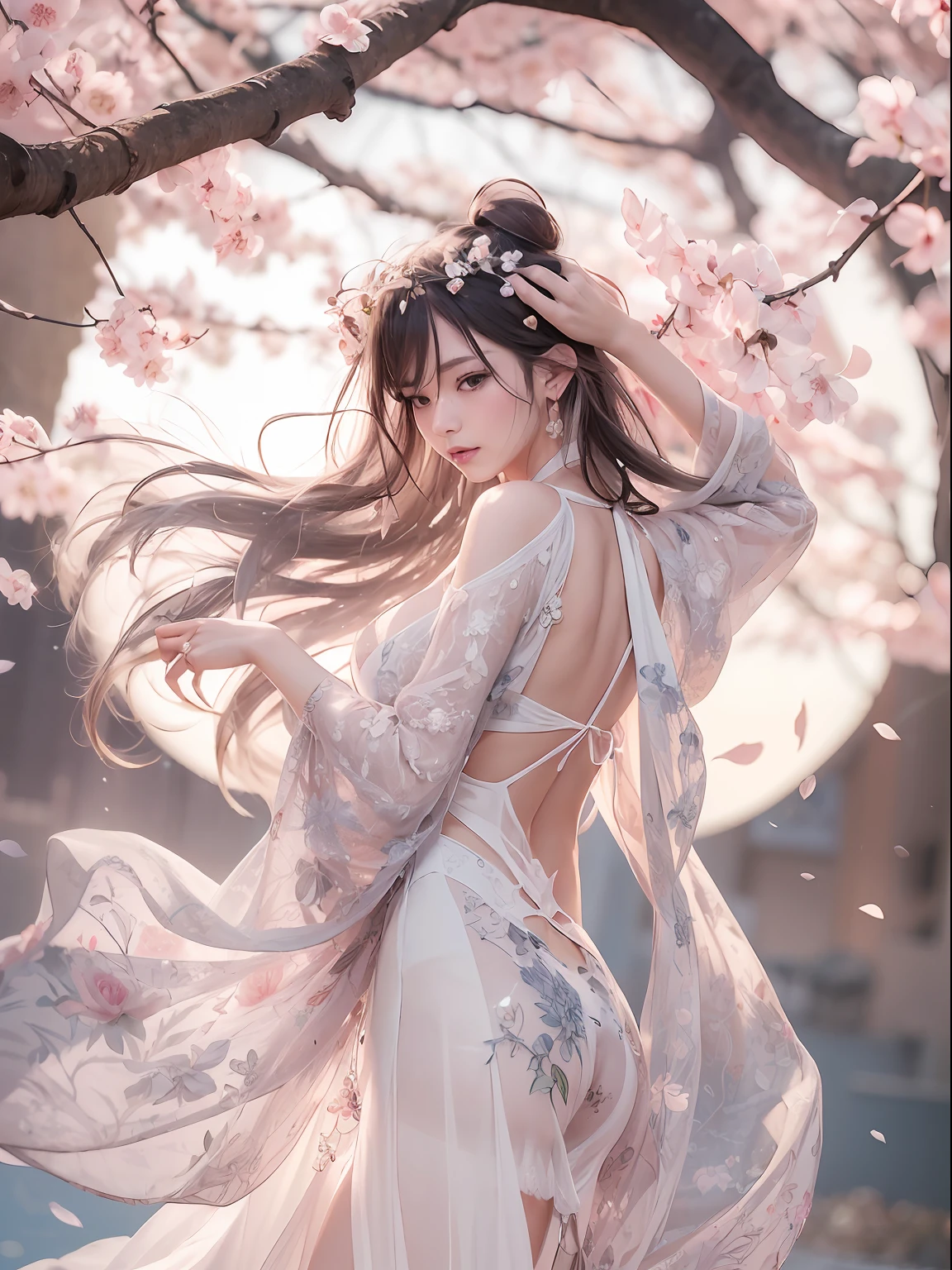 loose outfit、Show shoulders、How to wear a gown with a broken see-through halter neck、Decorated with intricate patterns and pastel colors、Transparent material that makes the skin shine、Artistic depiction of seductive woman in gown with wet thin cloth and transparent skin, Floral and fantastic pattern with flowing silky traditional see-through skin。Her dress draped elegantly around her curvaceous figure、Emphasizes her charming silhouette。She's a gentle fireworks night、Dynamic Posing、Sexy Posing、bathed in the soft glow of moonlight。The scene is、With a hint of mystery and sensuality、It exudes an ethereal dreamy atmosphere。The image style is、Incorporates a blend of watercolor and digital illustration techniques.、It makes you feel delicate beauty and charm。Soft moonlit lighting、Cast gentle highlights and shadows on her mesmerizing features。Dynamic Posing、Bold poses、The hand is somewhere、see -through、show through、A sexy、Wet hair、Wet、cherry trees、flower petals、cherryblossom、The cherry tree、Sakura blizzard、buried、Transparent skin、Wet clothes、Chest Pulling、Translucent clothes、Eau、nudde、