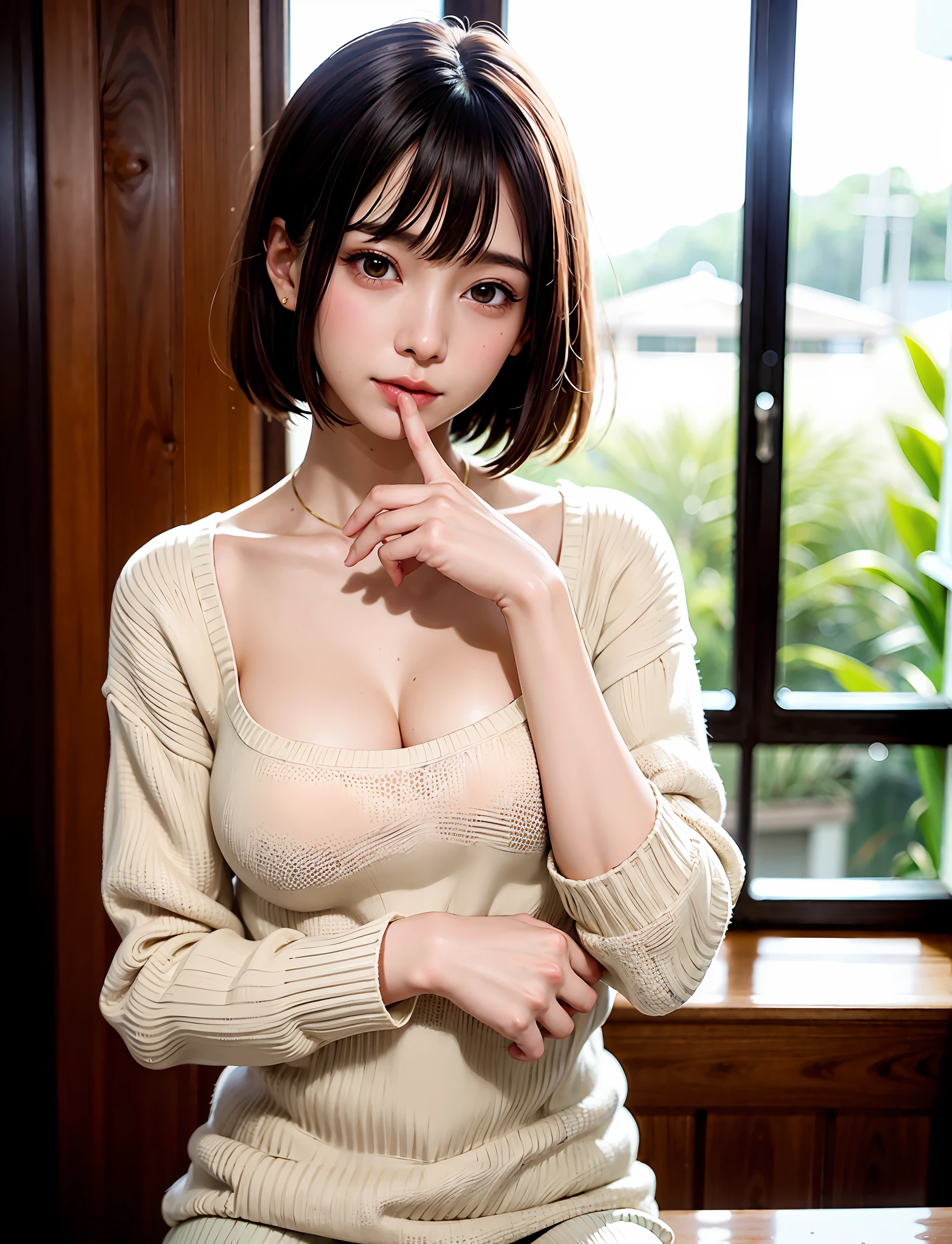 女の子1人、top-quality、realisitic、独奏、depth of fields、natural soft light、during daytime、魅惑的、beauitful face、Cleanliness、Pure face、de pele branca、kawaii、short-hair、the beach、rays of sunshine、nedium breasts、full body Esbian、((Sweaters、Beautiful face of golden proportions))、long neck、Put your ears out、Clean short bob hair with bangs、Smile with your mouth closed、Perfect fingers、perfect hand、Perfect body、face perfect、Putting light into the eyes、Perfect ???????